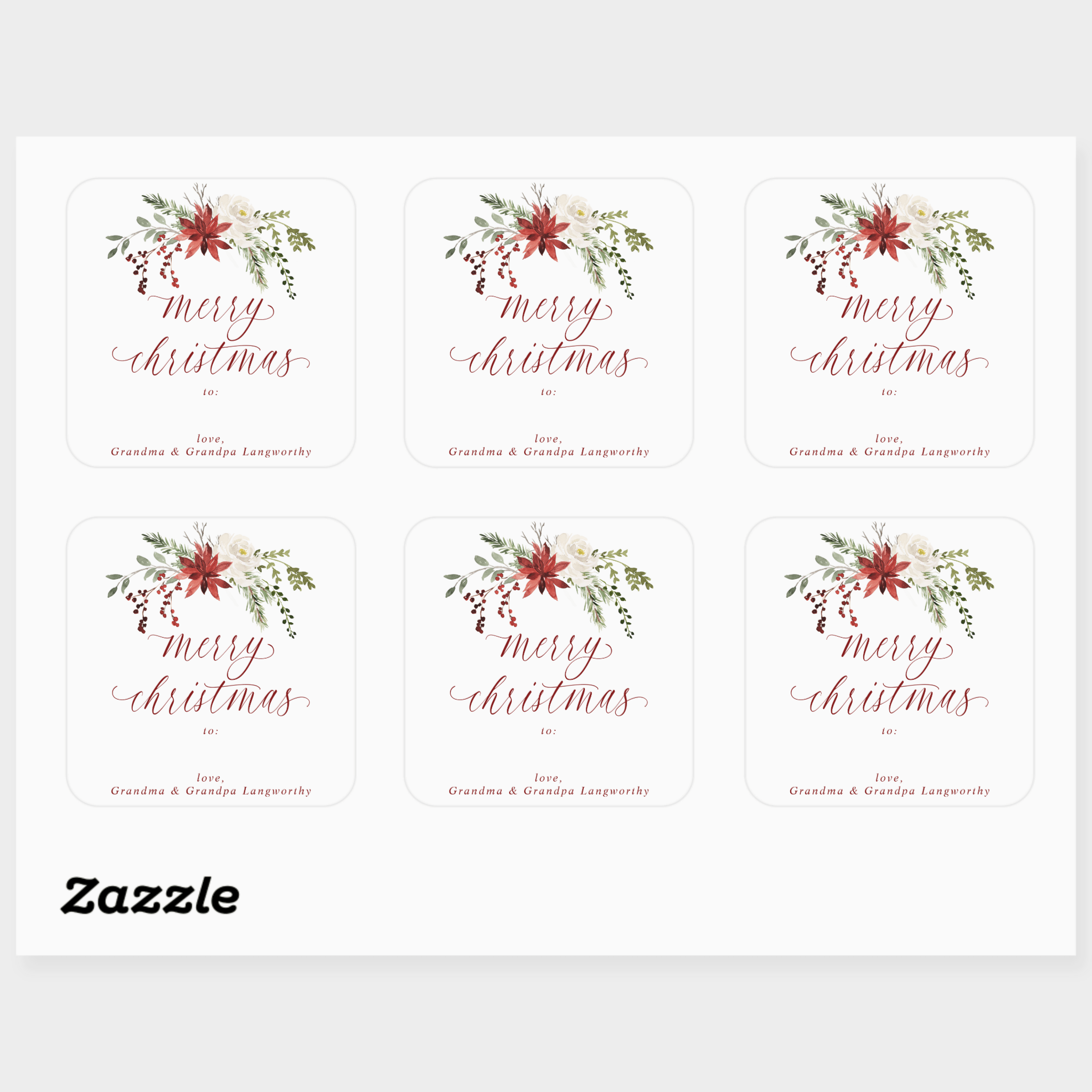 Set of six 'Merry Christmas' labels with elegant holiday floral designs on a white background