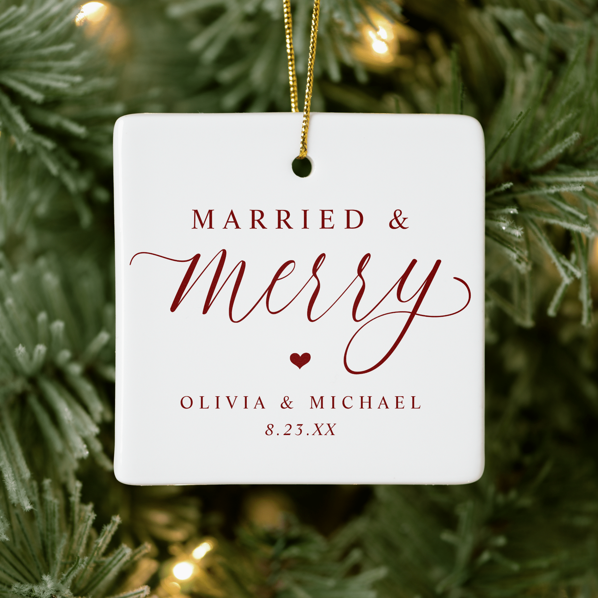 Elegant newlywed Christmas ornament with “Married and Merry” and “Just Married” text.