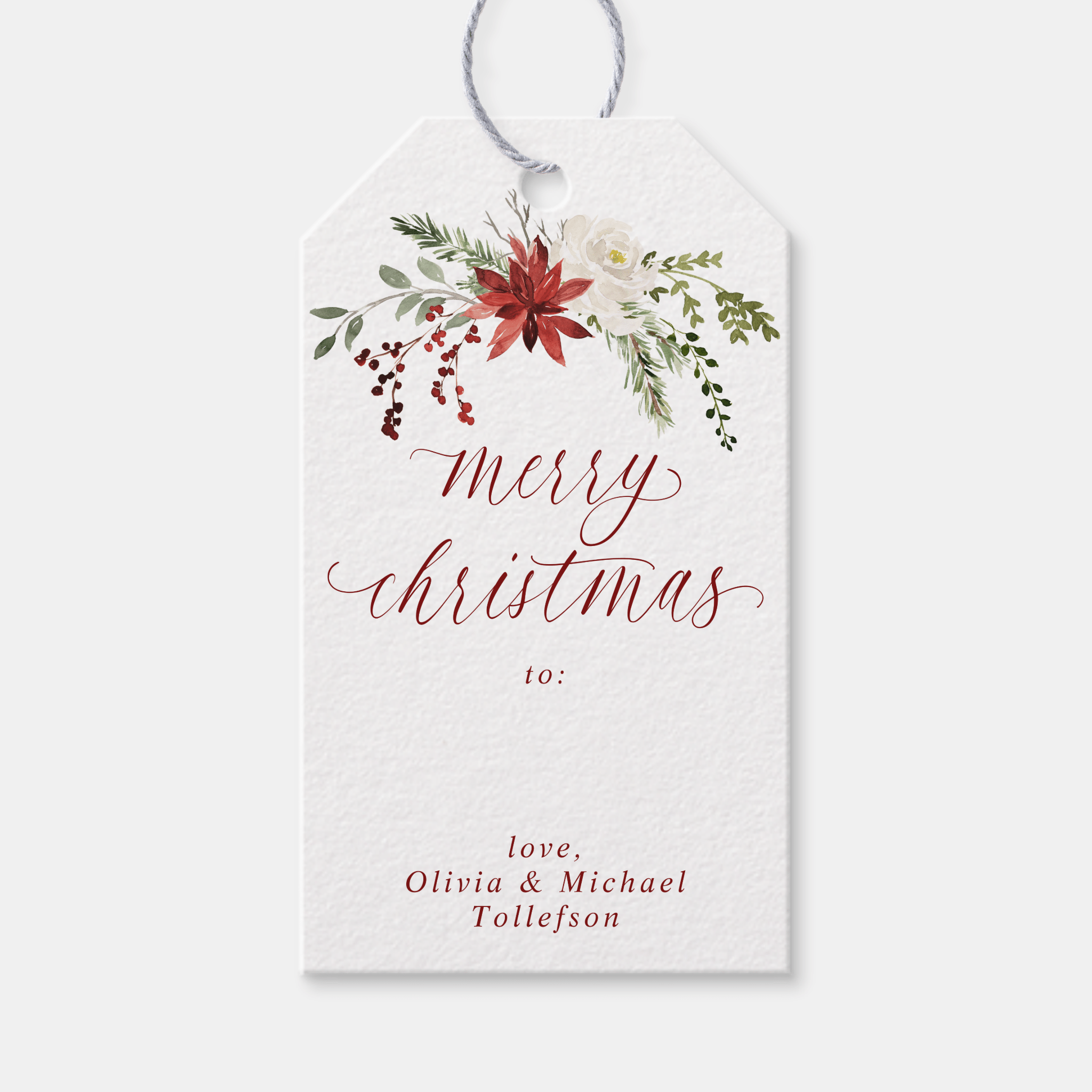 Elegant personalizedwatercolor Christmas gift tag with “Merry Christmas” script and red berries design.