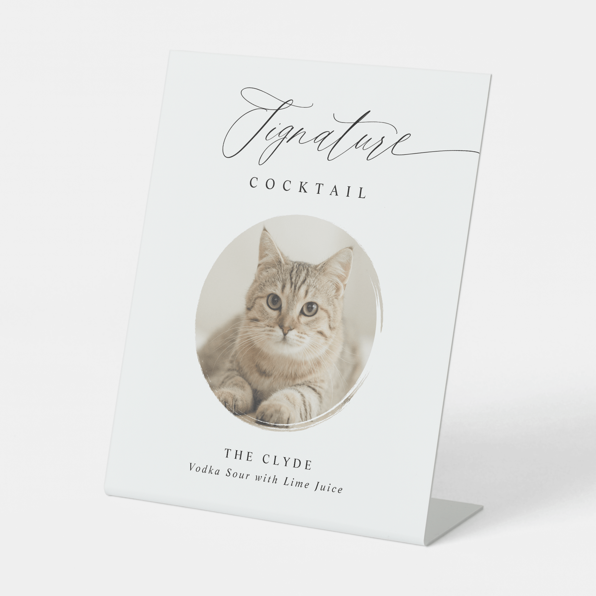 Personalized wedding signature cocktail sign featuring pet photo in modern script design