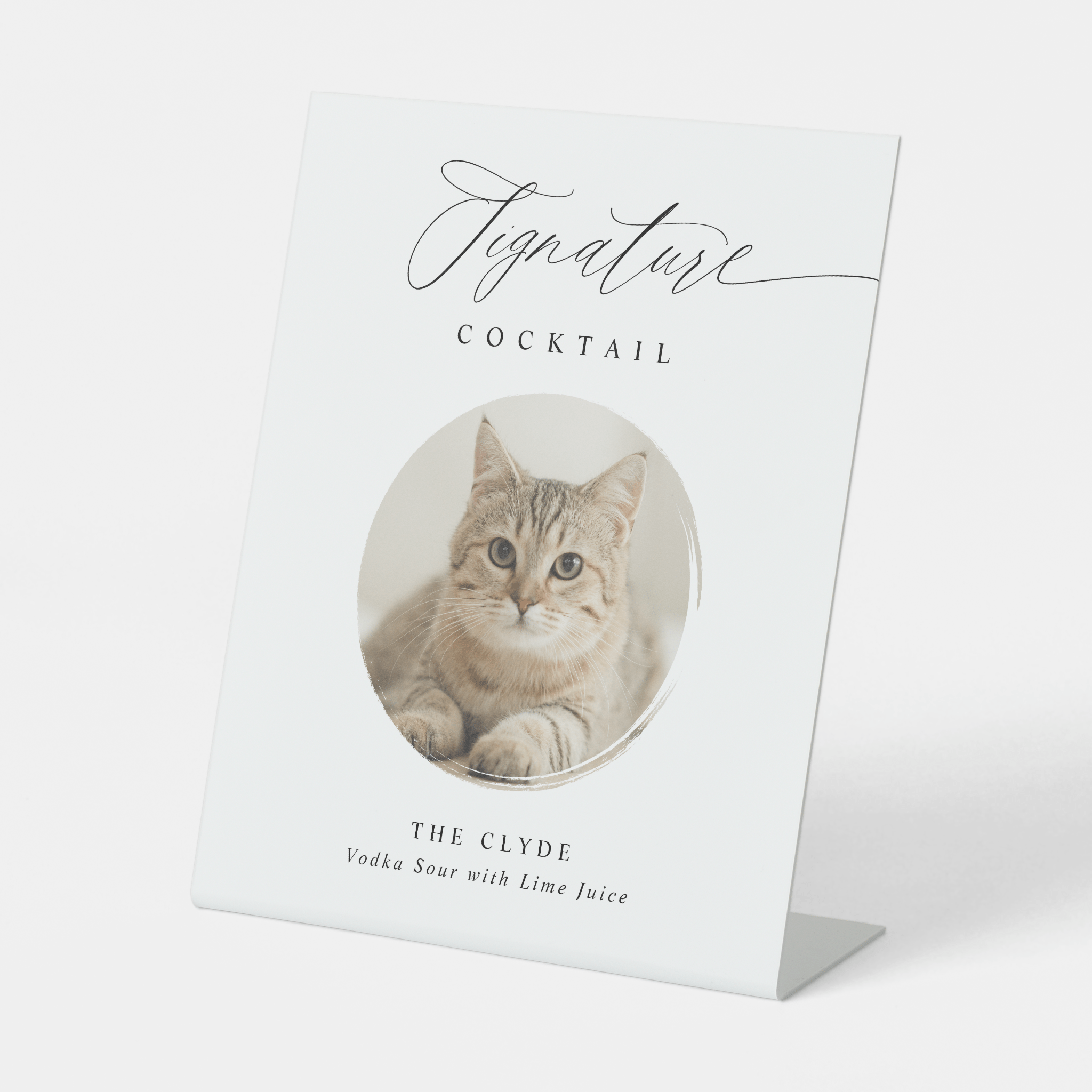 Personalized wedding signature cocktail sign featuring pet photo in modern script design