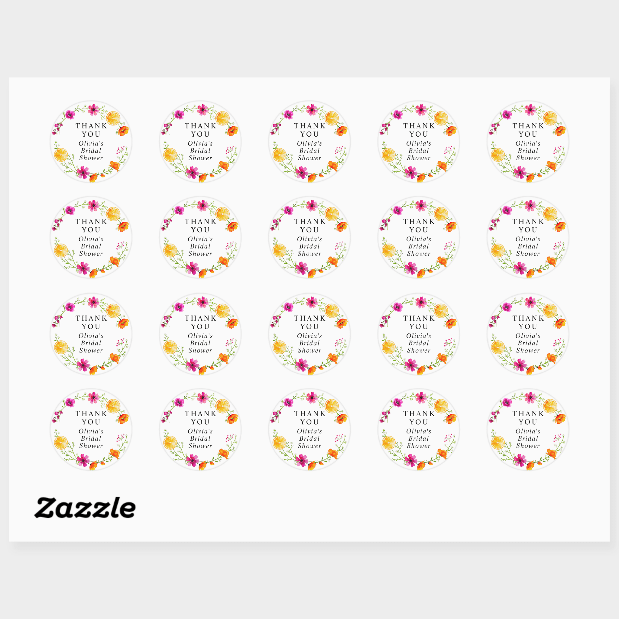 Bridal Shower Favors Stickers | Bright Pink & Orange Citrus