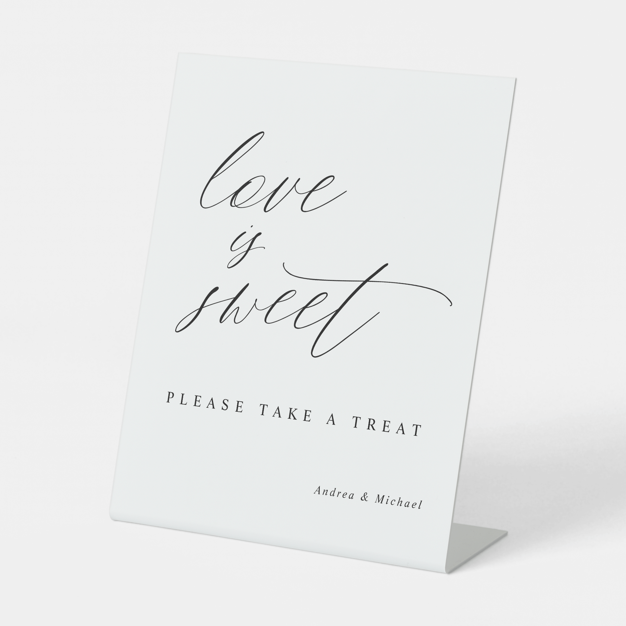 Romantic “Love is Sweet” standing wedding sign. Perfect for dessert bars, candy buffets, or favor stations. Elegant calligraphy for modern weddings.