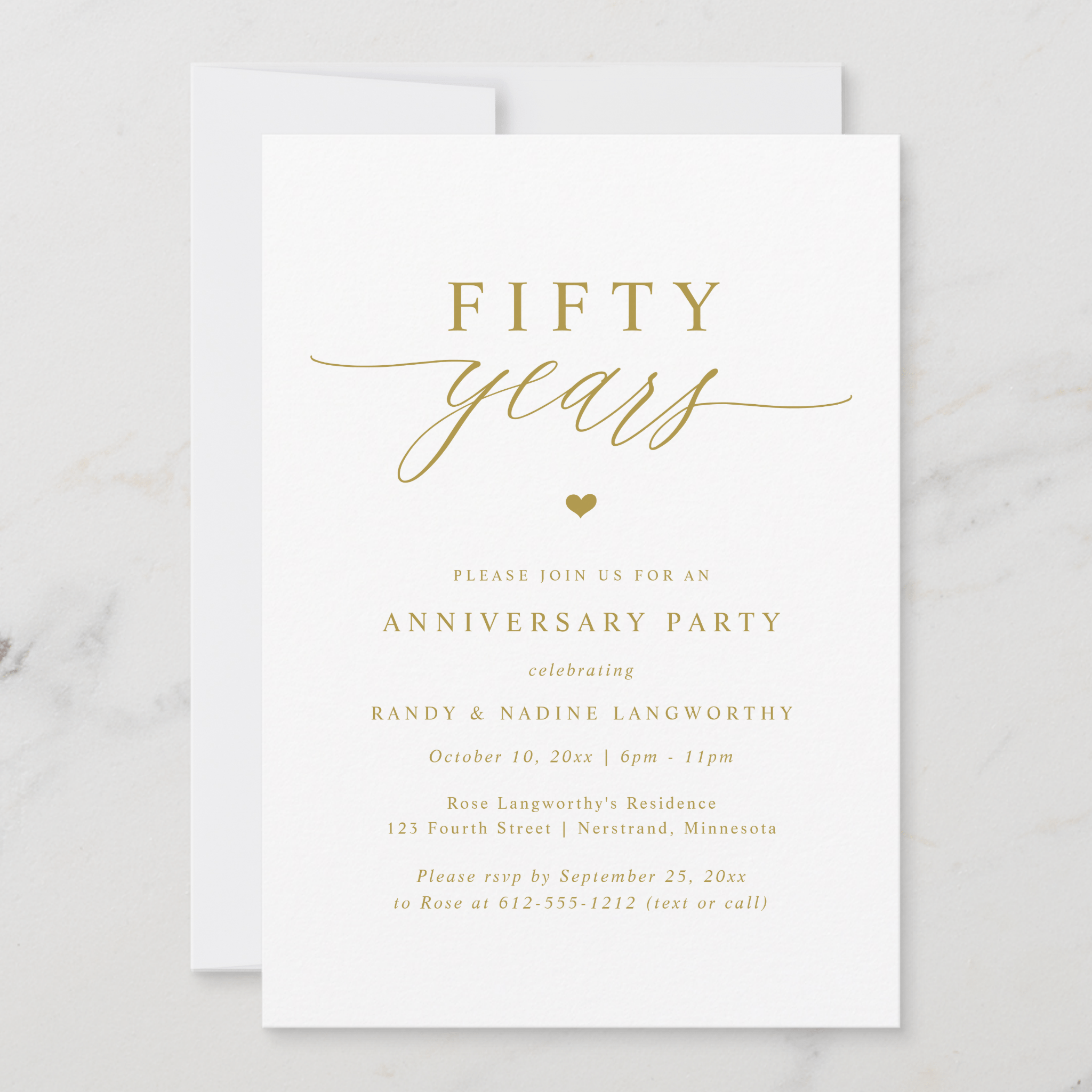 Modern 50th anniversary celebration invitation in gold with elegant script design
