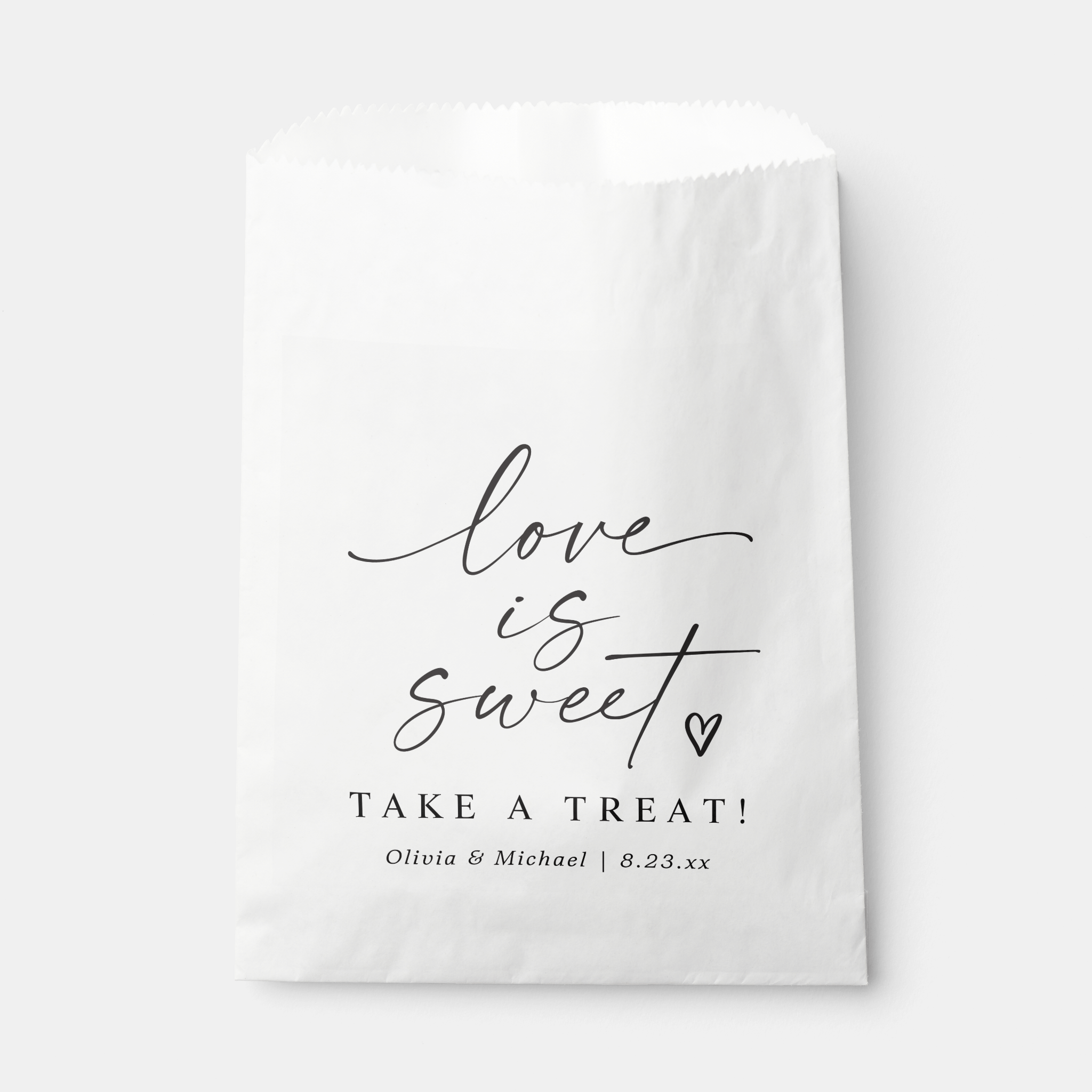 White favor bag with 'love is sweet' text and personalized details on a white background