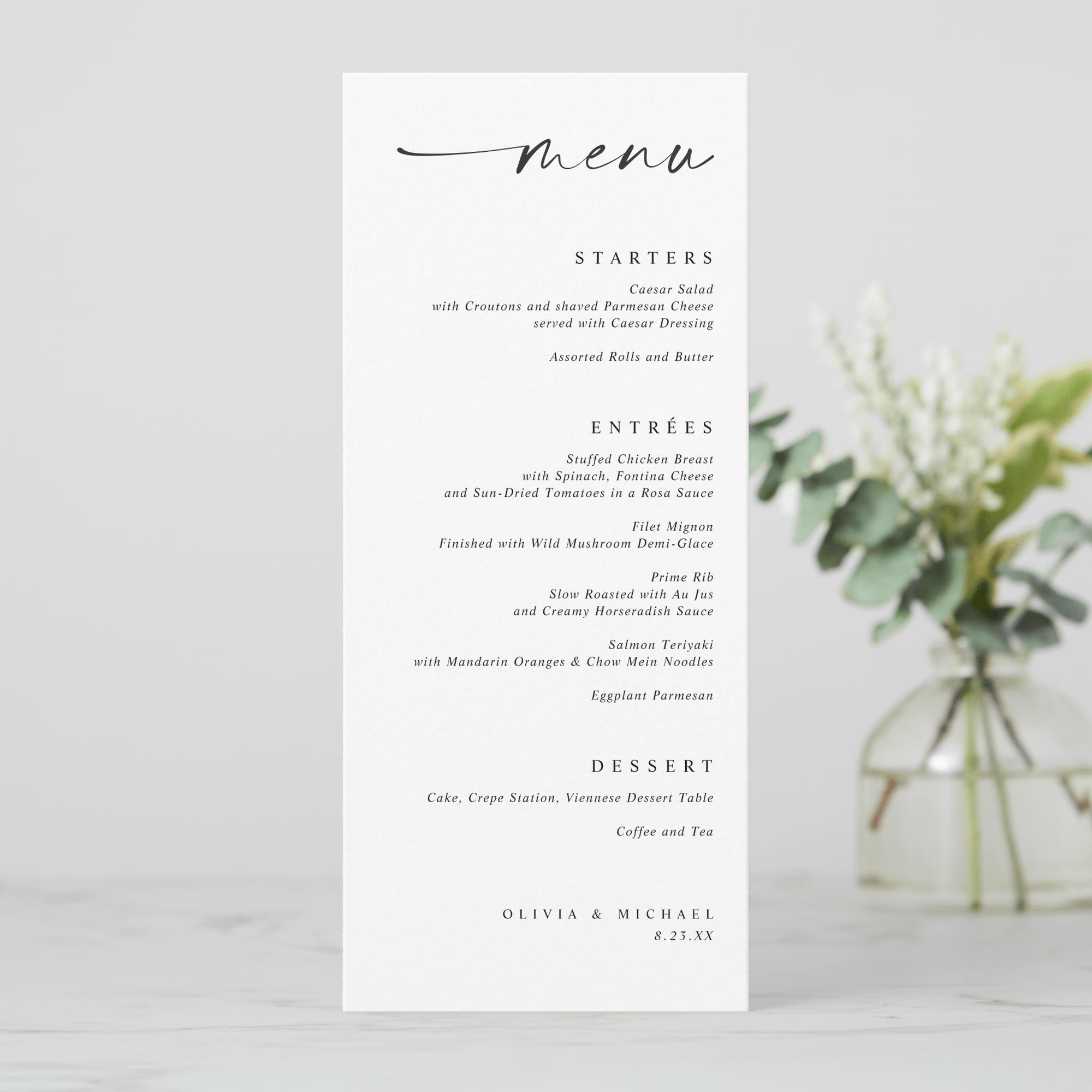 Printed menu card with a list of dishes on a light gray background with a vase of flowers.