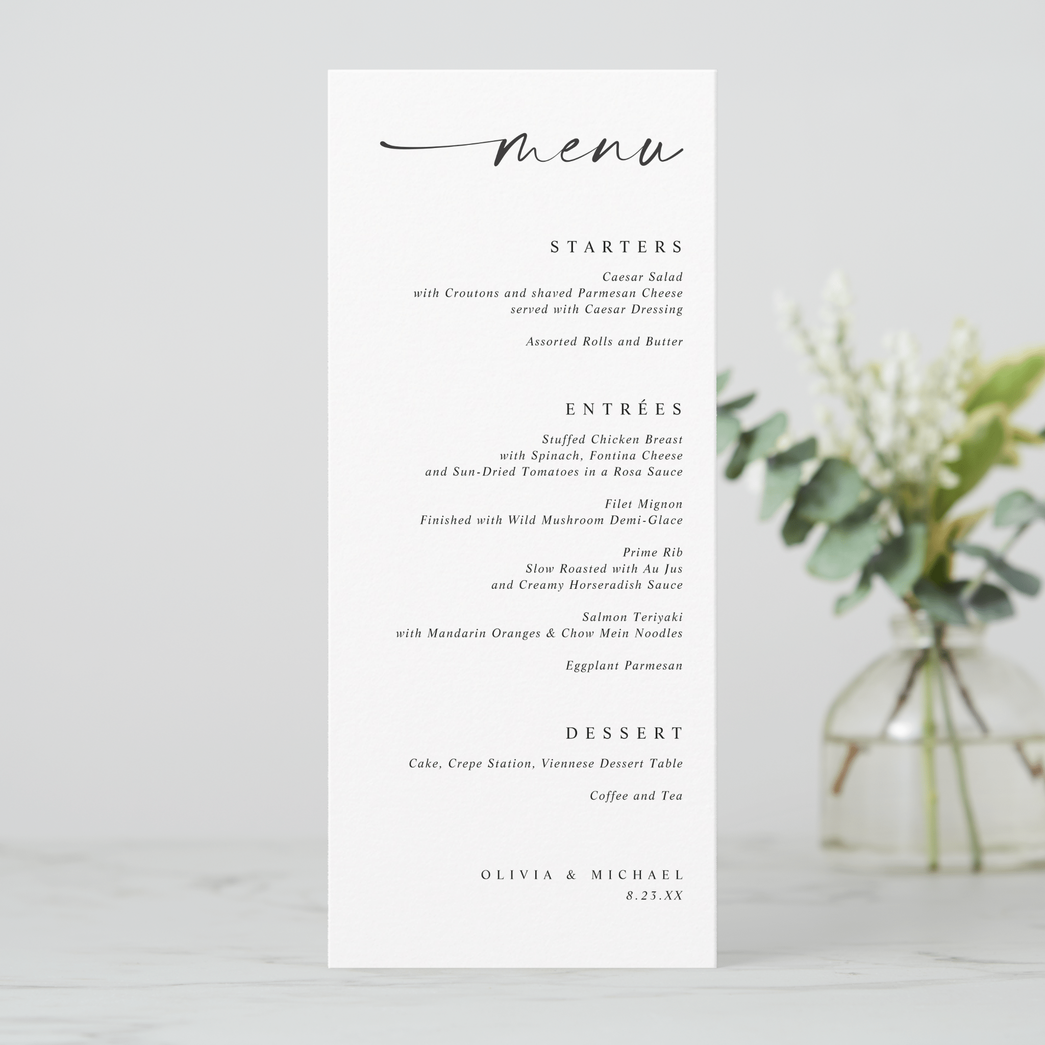 Printed menu card with a list of dishes on a light gray background with a vase of flowers.