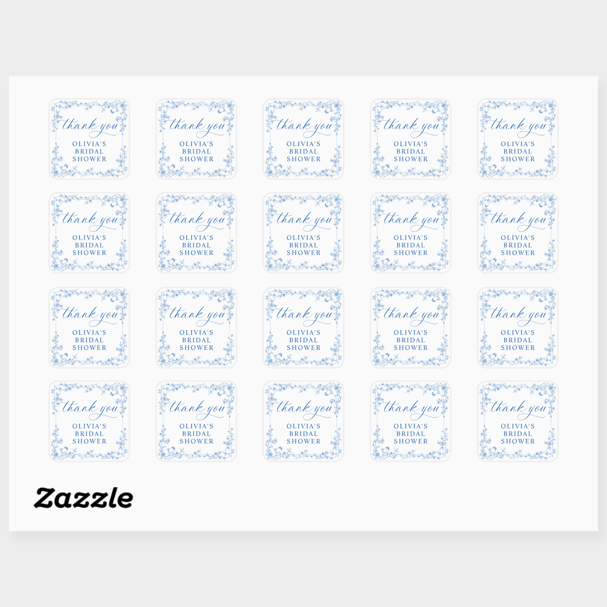 Sheet of personalized labels with 'thank you' text and decorative elements on a white background.