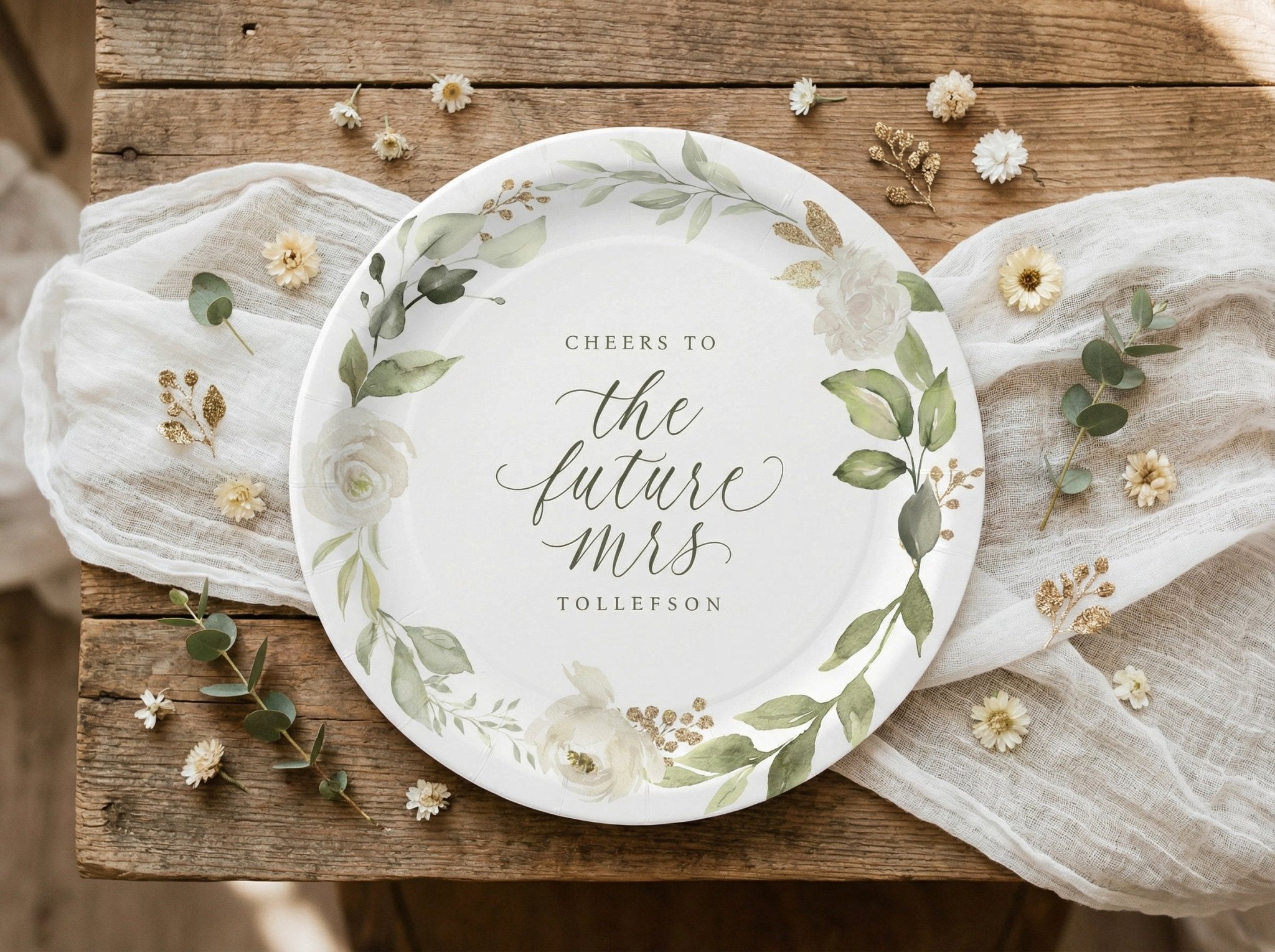 Sage green watercolor floral bridal shower paper plates with botanical flowers