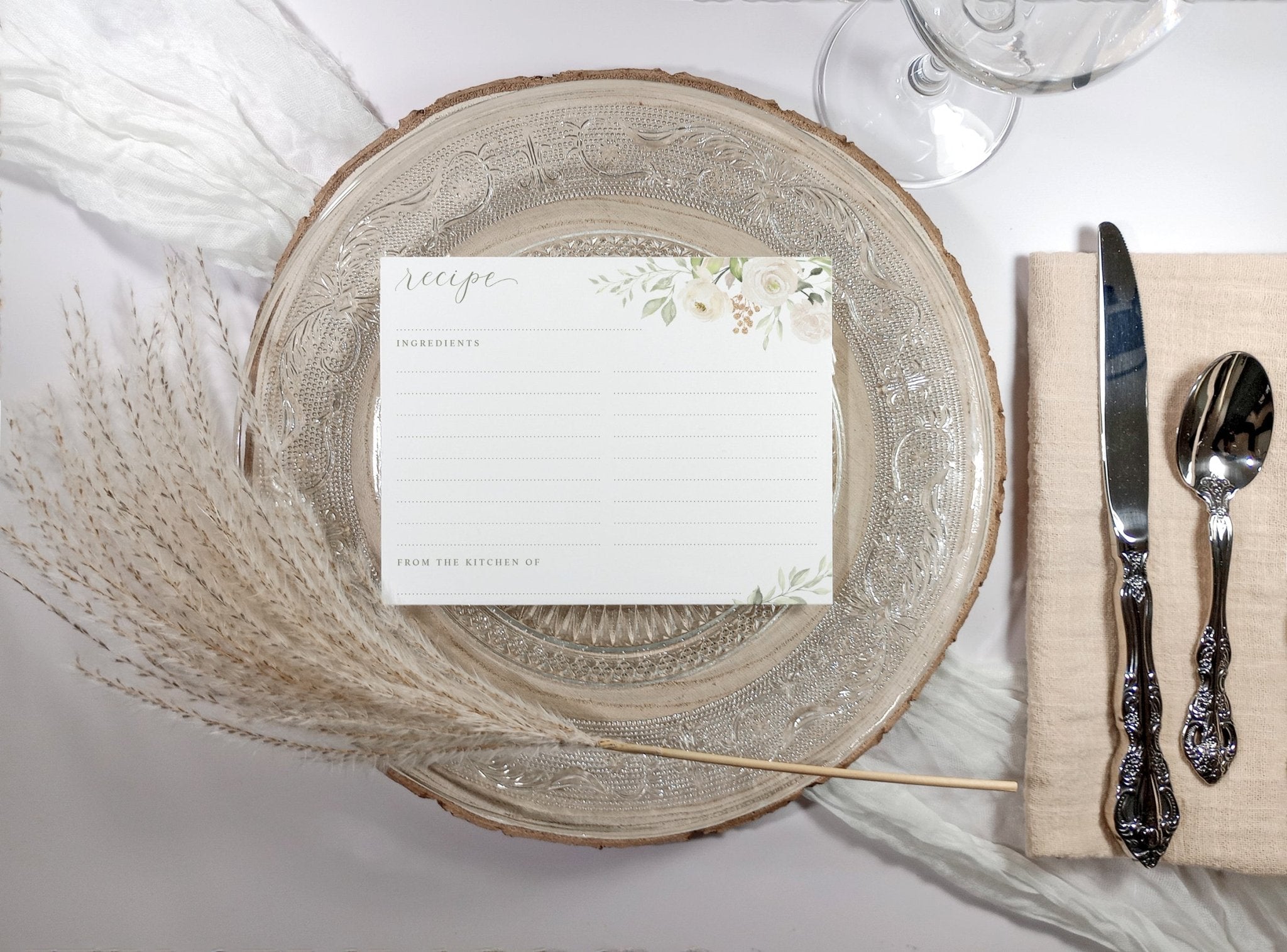 White floral greenery bridal shower recipe card with watercolor flowers and elegant script