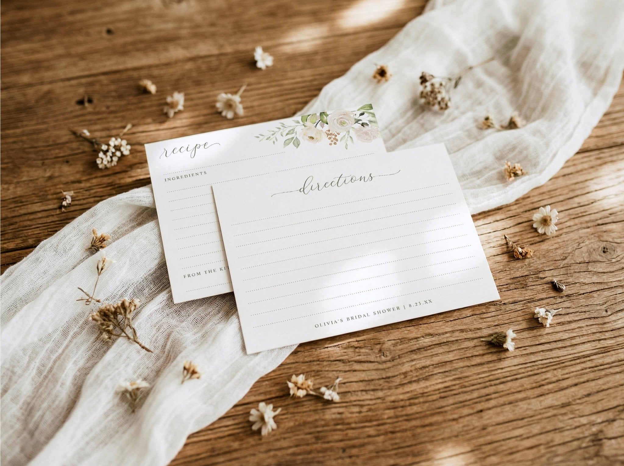 White floral greenery bridal shower recipe card with watercolor flowers and elegant script