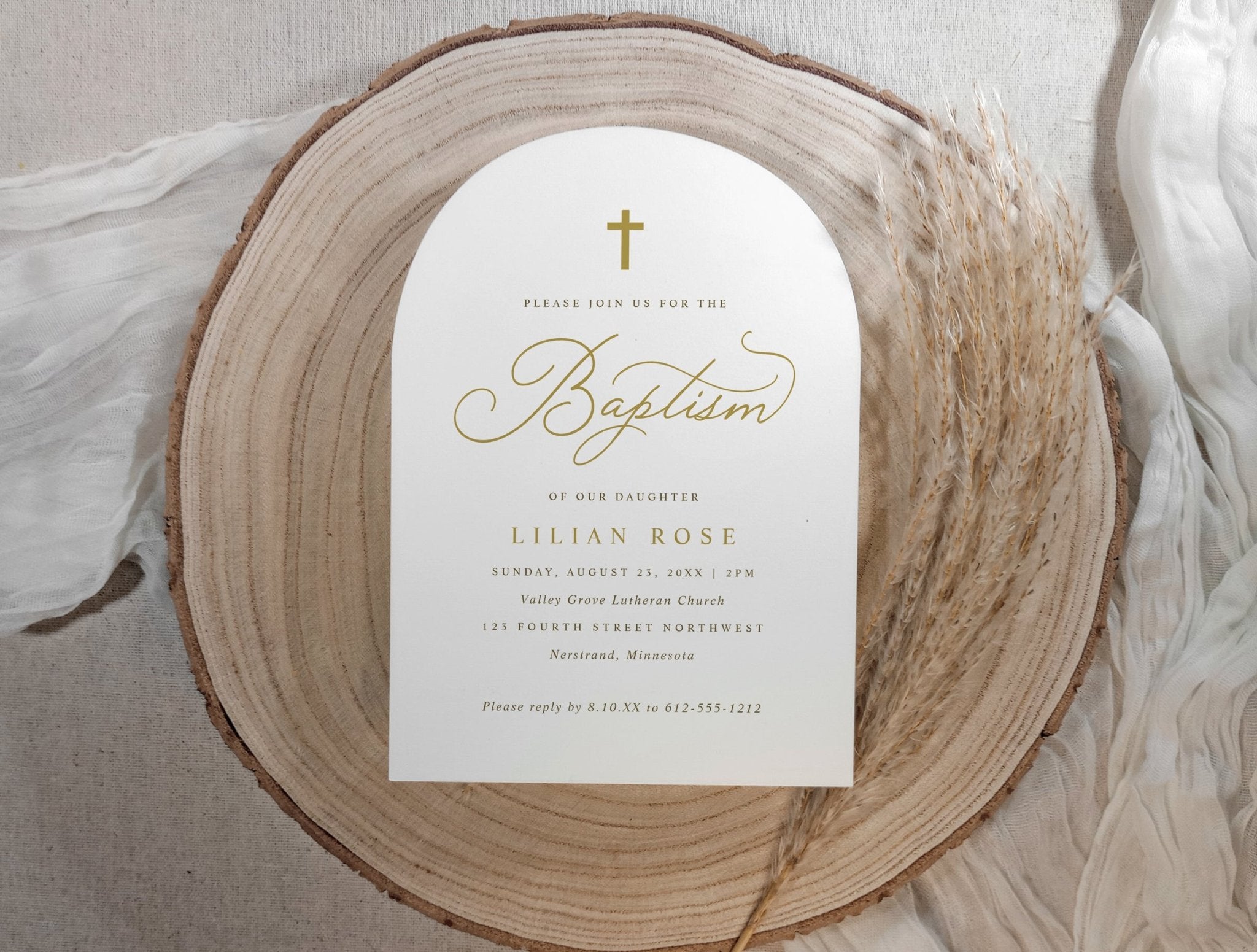 White and gold arch baptism invitation with elegant script and minimalist gold cross
