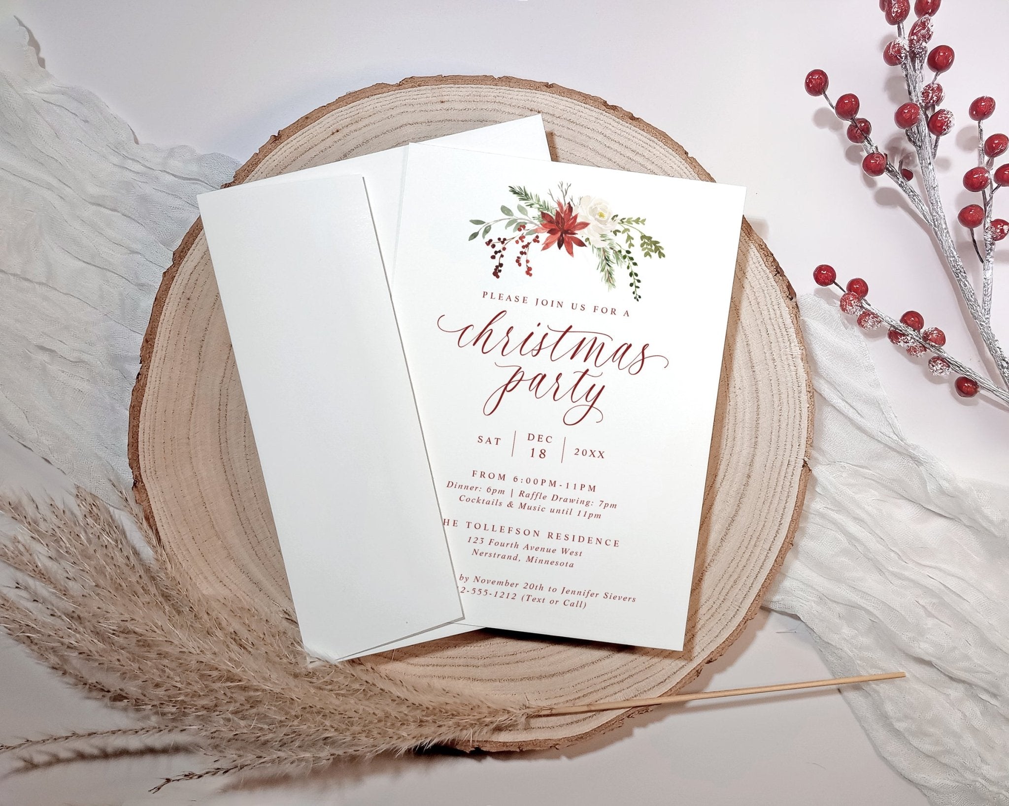 Christmas party invitation card on a wooden surface with decorative elements