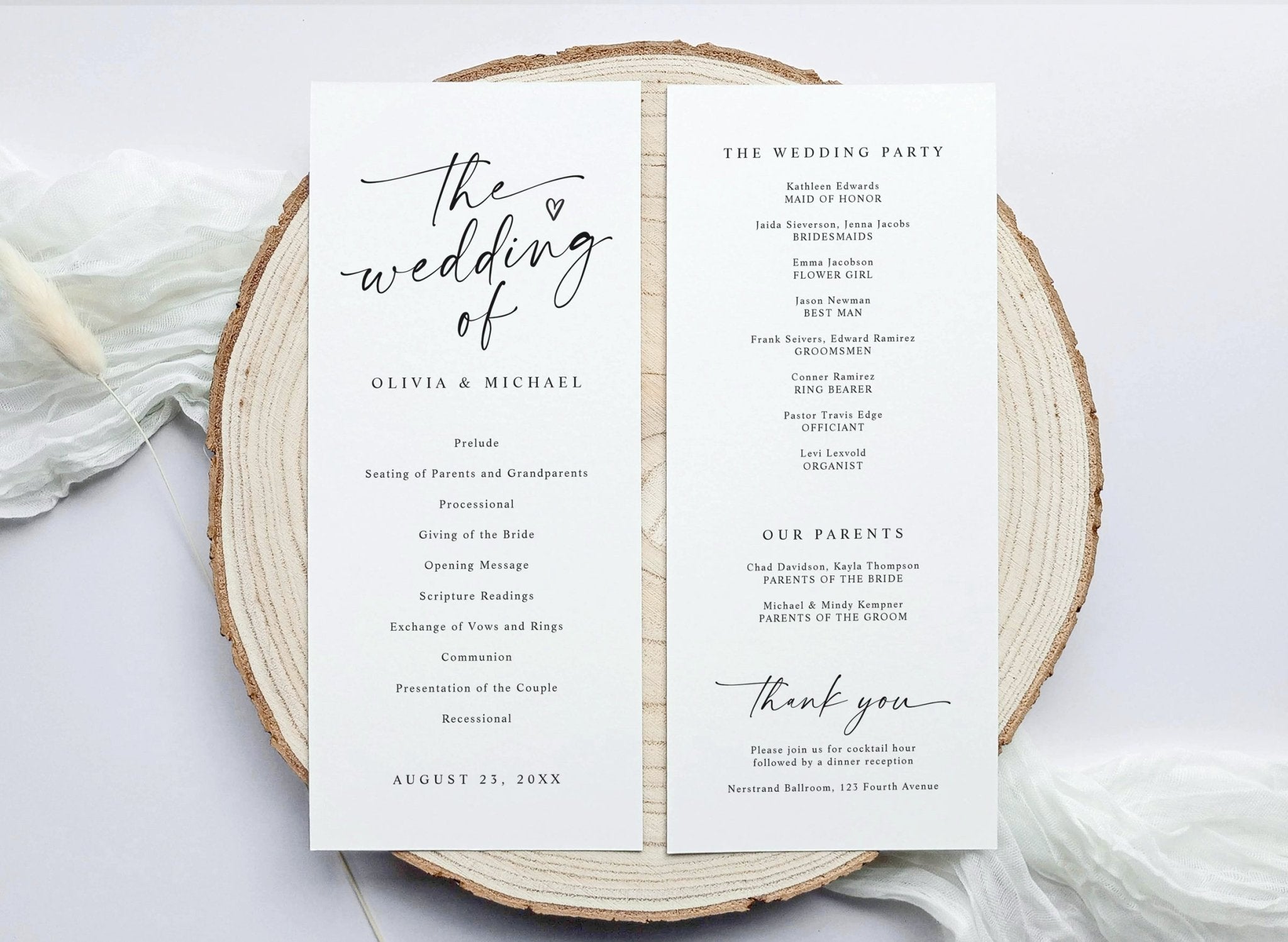 Wedding program on a wooden slice with a white background
