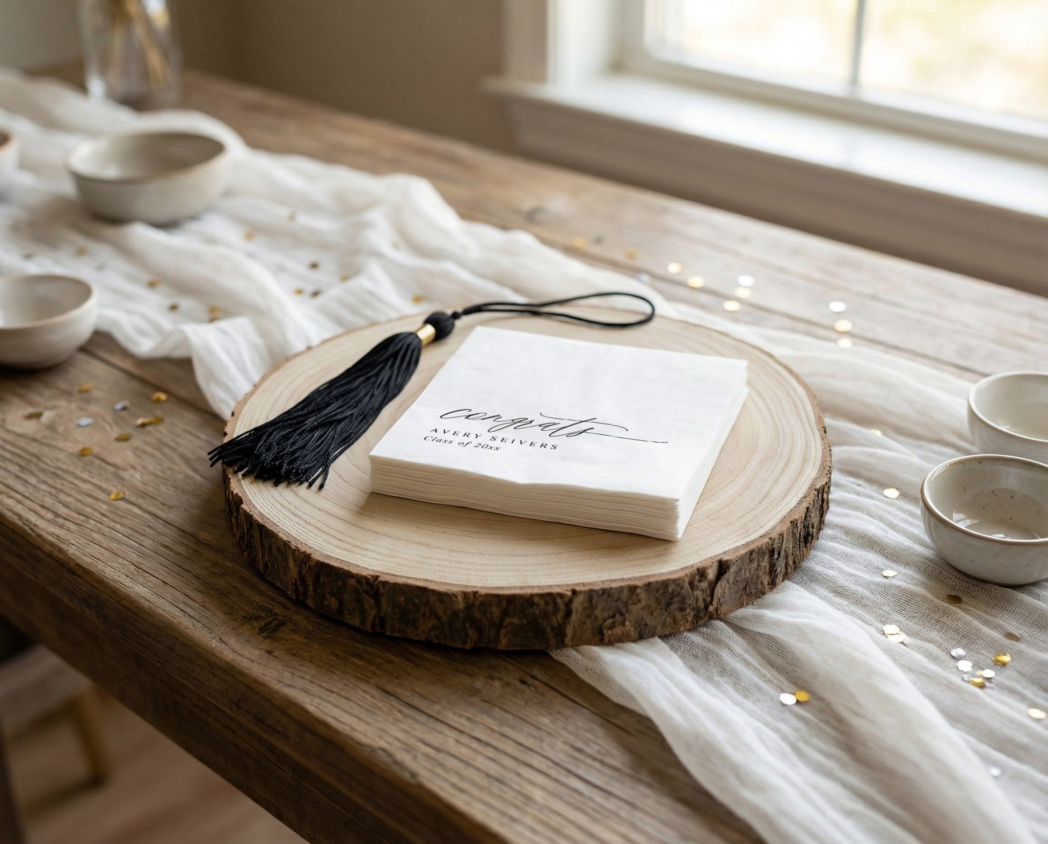 Black and white graduation napkins with calligraphy congrats and personalized name class year