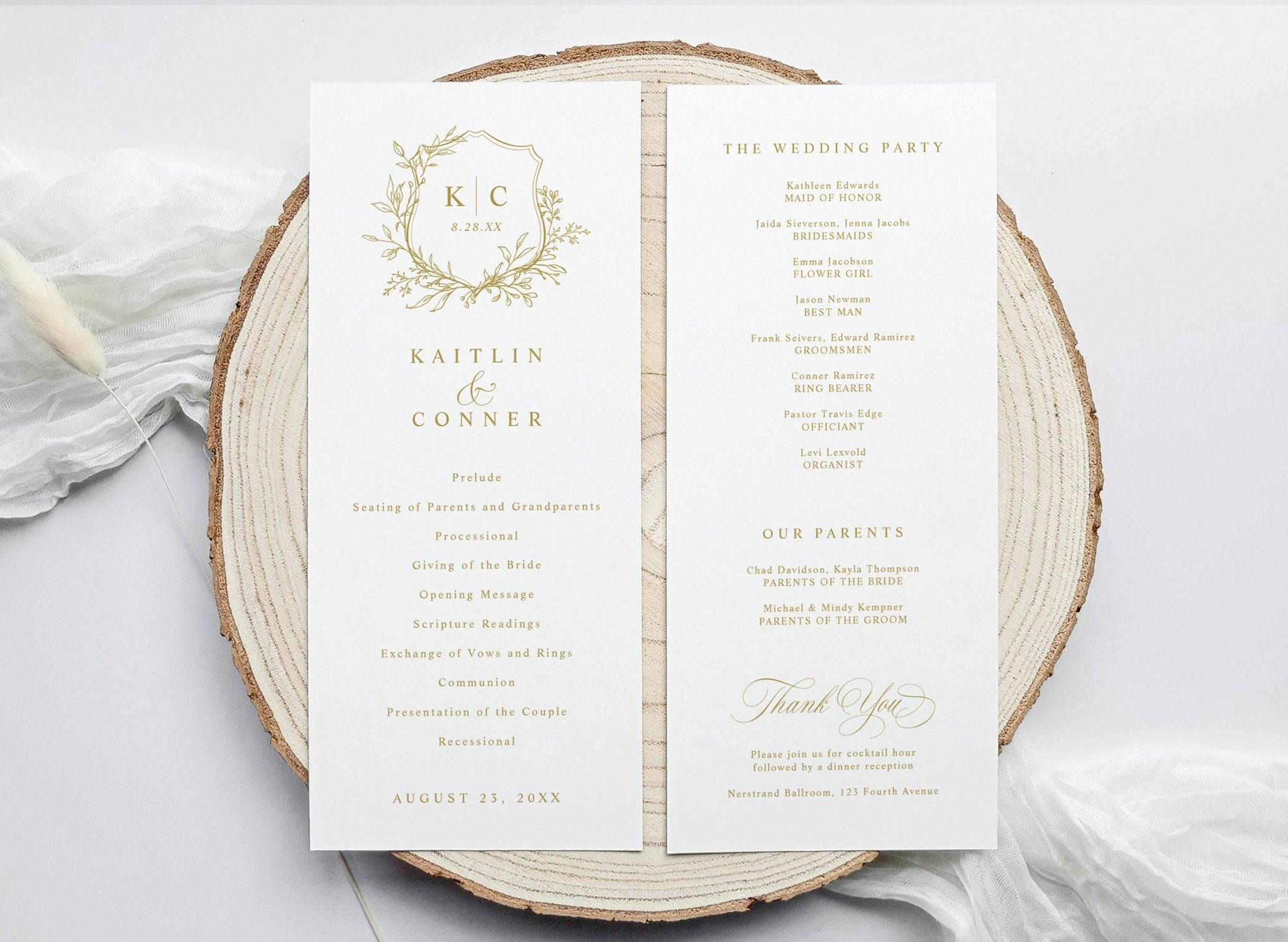 Printed order of service card with vintage crest and gold calligraphy