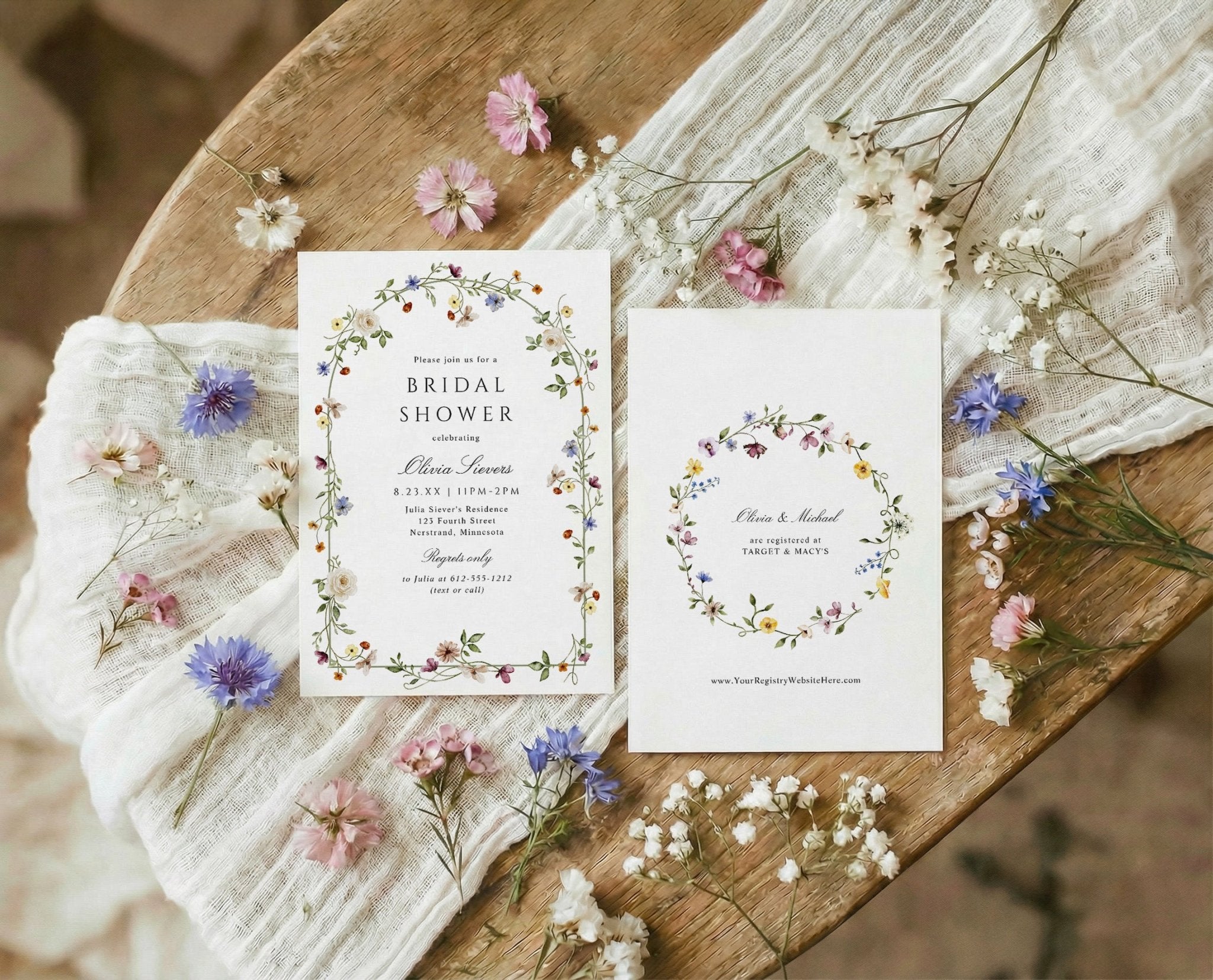 Arch wildflower bridal shower invitation with watercolor flowers, botanical greenery, and elegant floral style