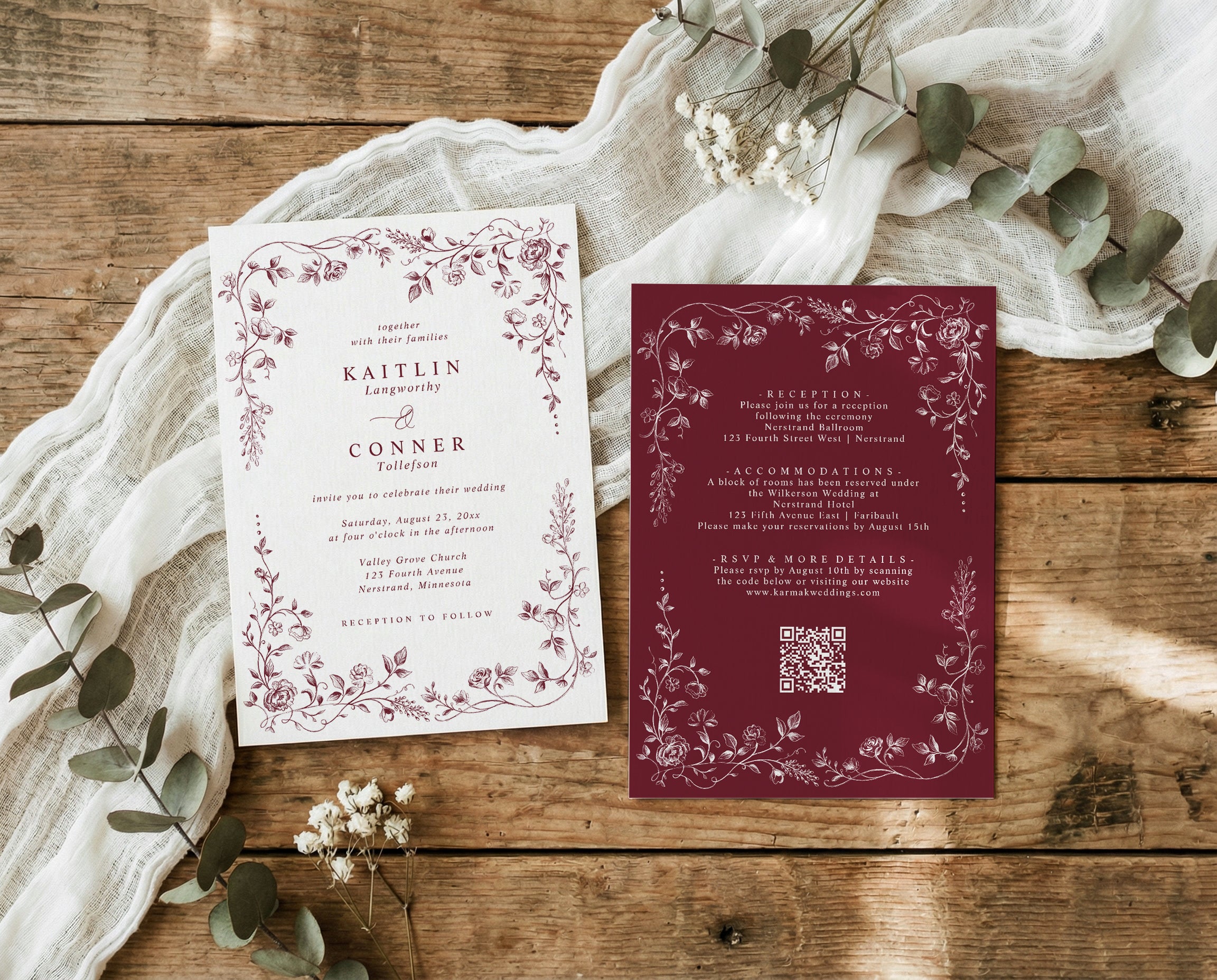 Burgundy French toile all-in-one wedding invitation with vintage botanical floral border and QR code RSVP.