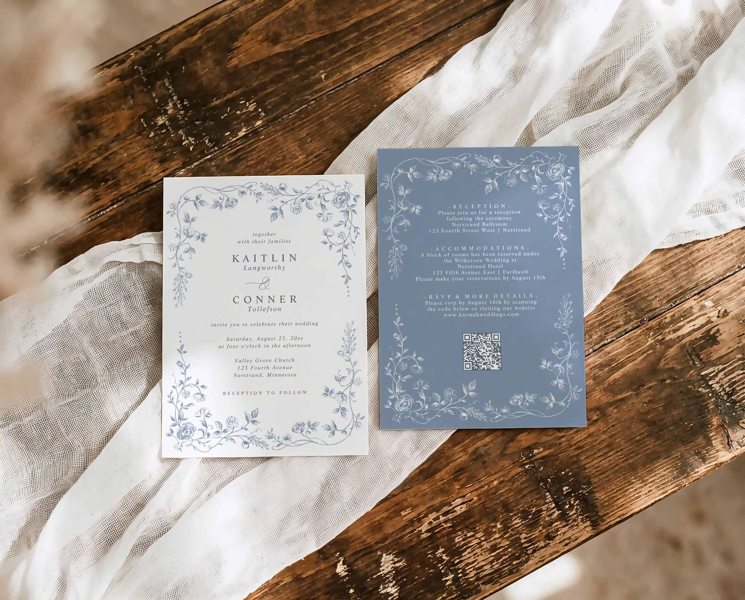 Dusty blue French toile wedding invitation with vintage botanical border and RSVP QR code.