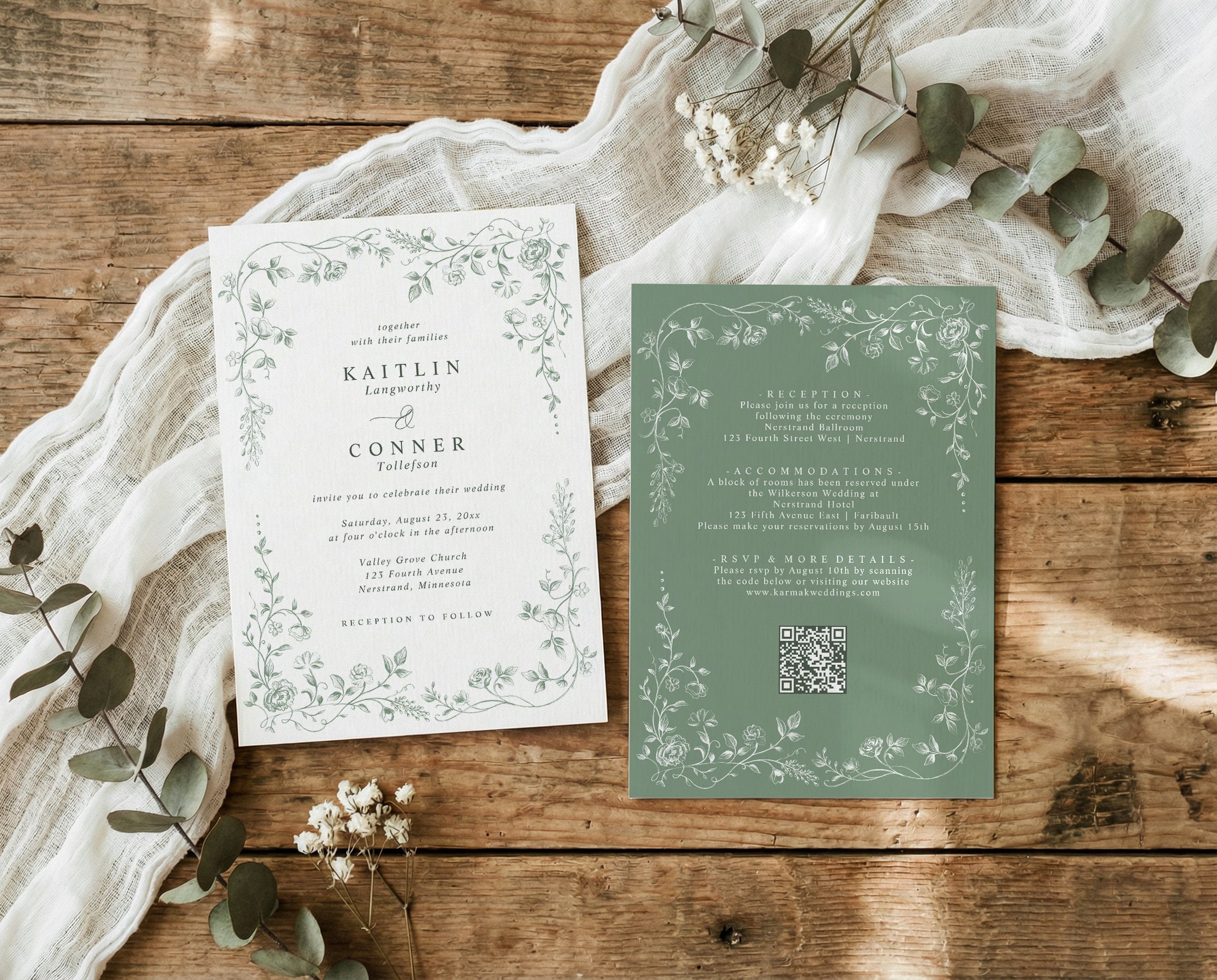 Sage green French toile wedding invitation with botanical border and RSVP QR code.