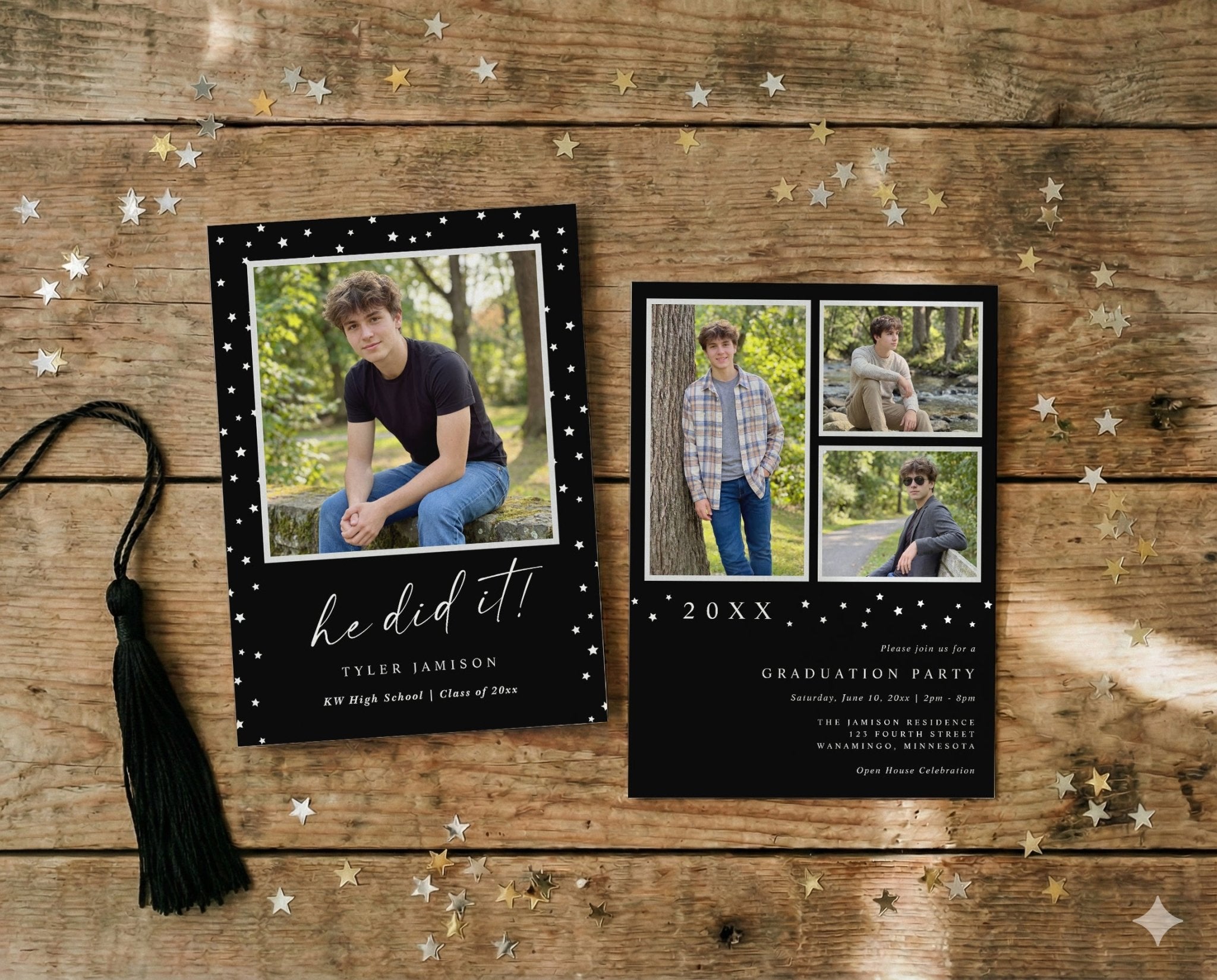 Graduation party invitations on a wooden surface with confetti