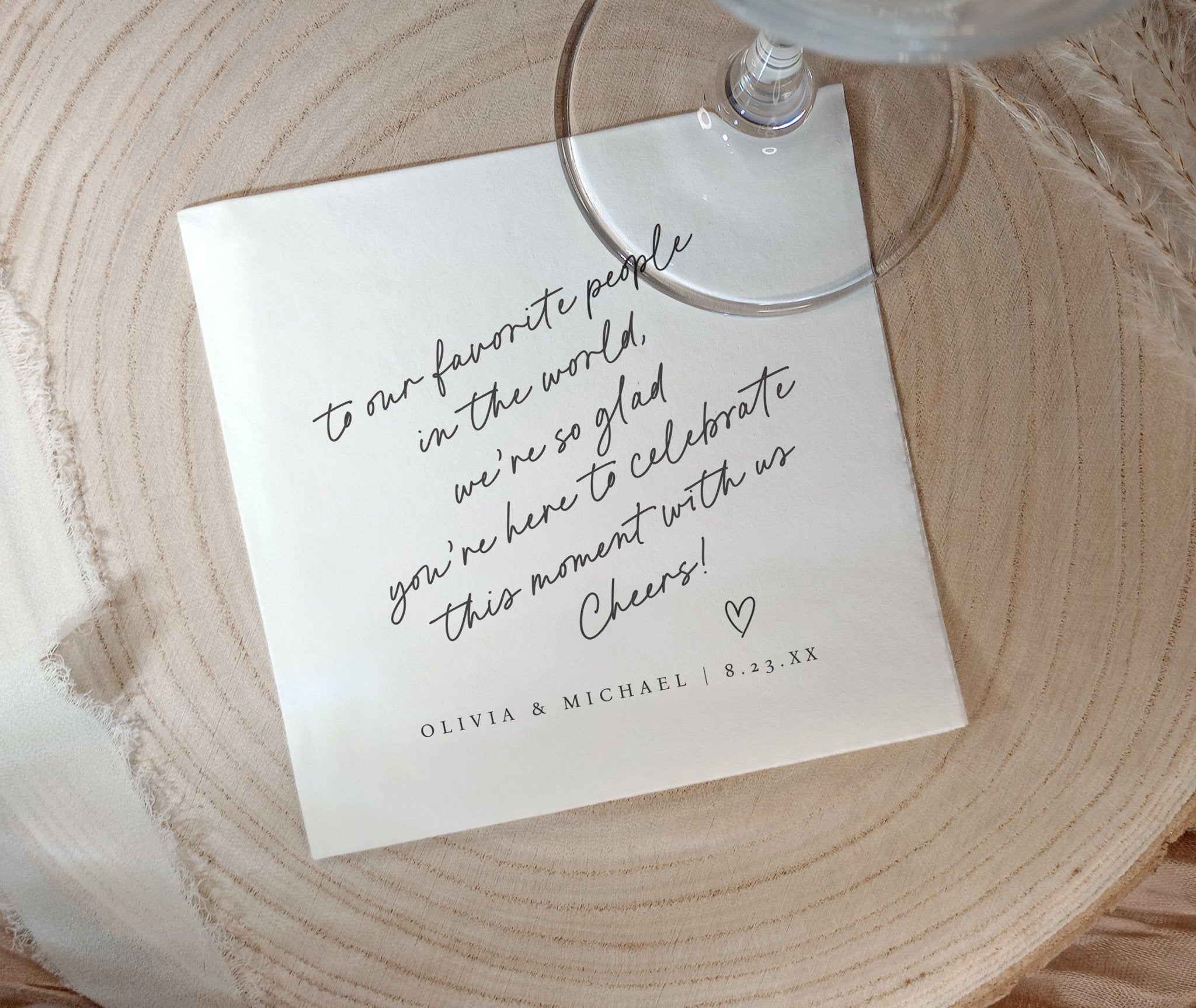 Printed love note custom wedding napkins with heart.