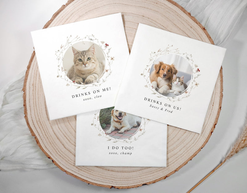 Pet photo wedding napkins with watercolor wildflowers and customizable βdrinks on usβ text.