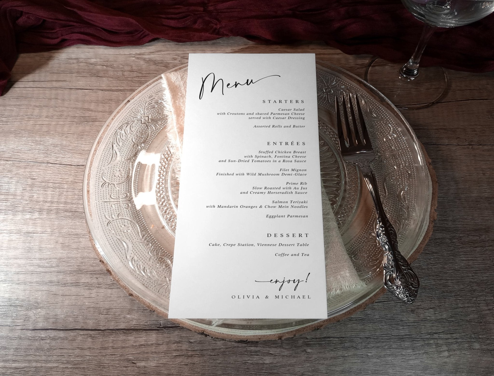 Elegant black and white wedding dinner menu with modern minimalist food course layout