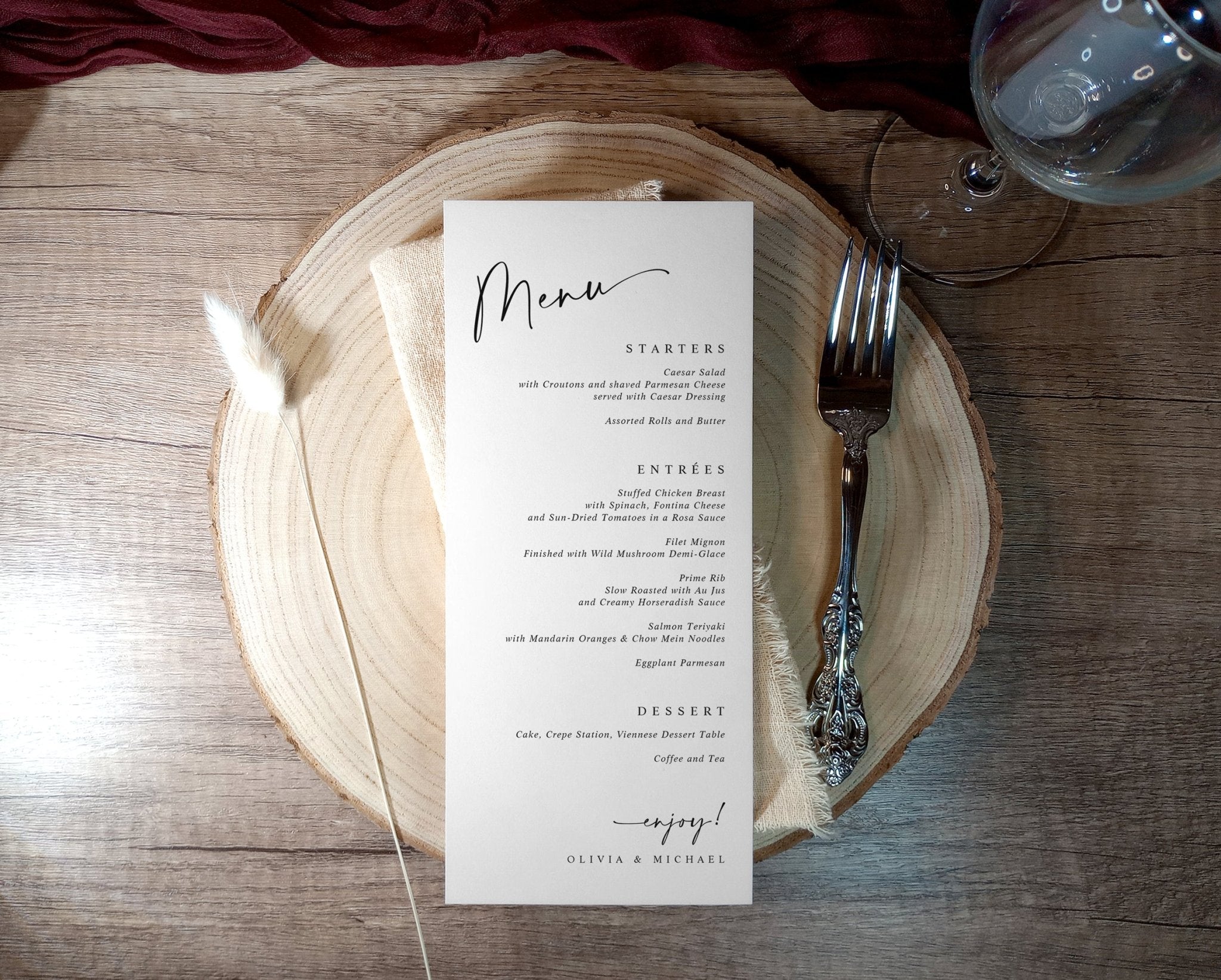 Modern minimalist black and white wedding menu card with elegant script typography