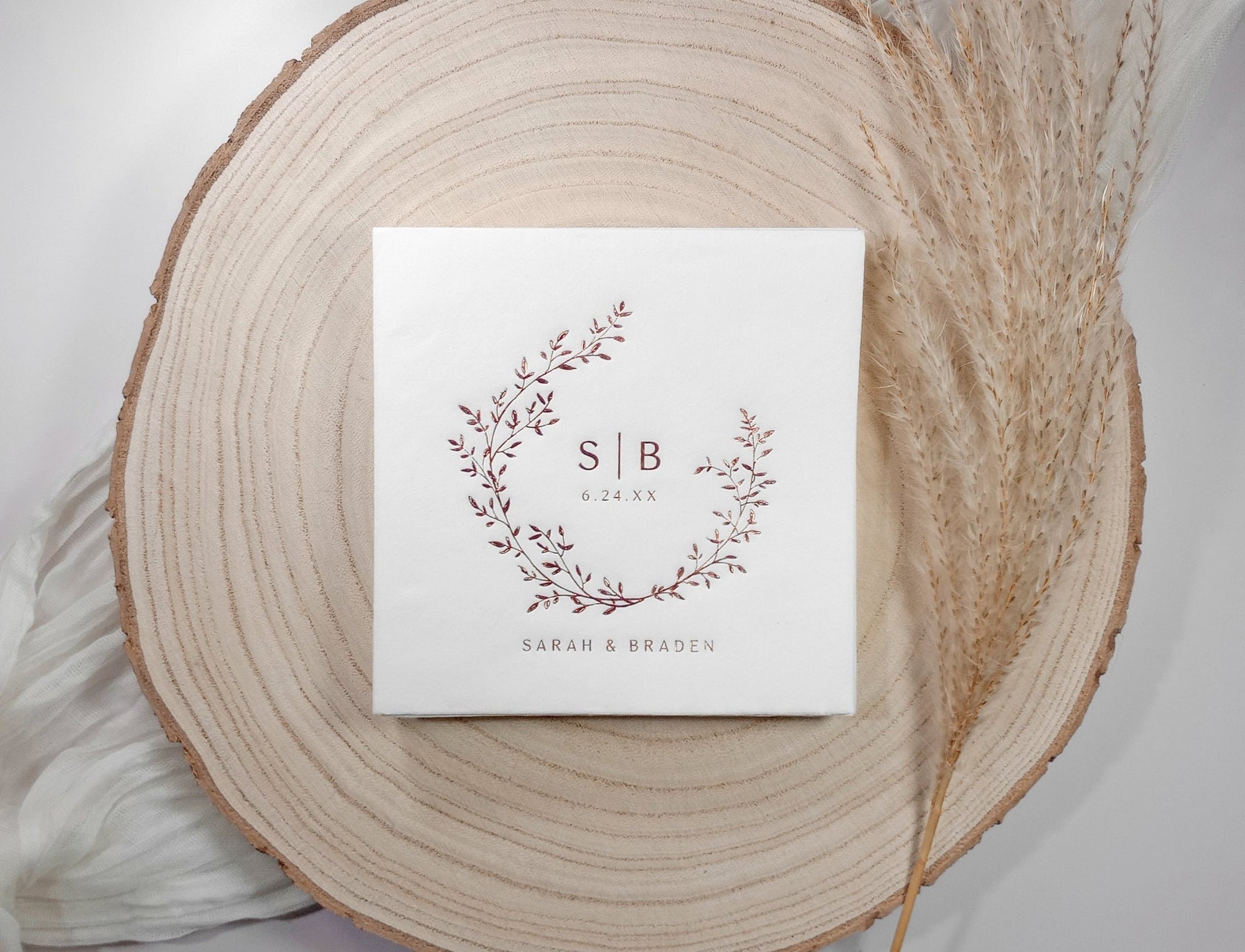 Custom rose gold foil wedding napkins with modern script. Personalized for your day—perfect for cocktail hour, dessert tables, and wedding toasts.