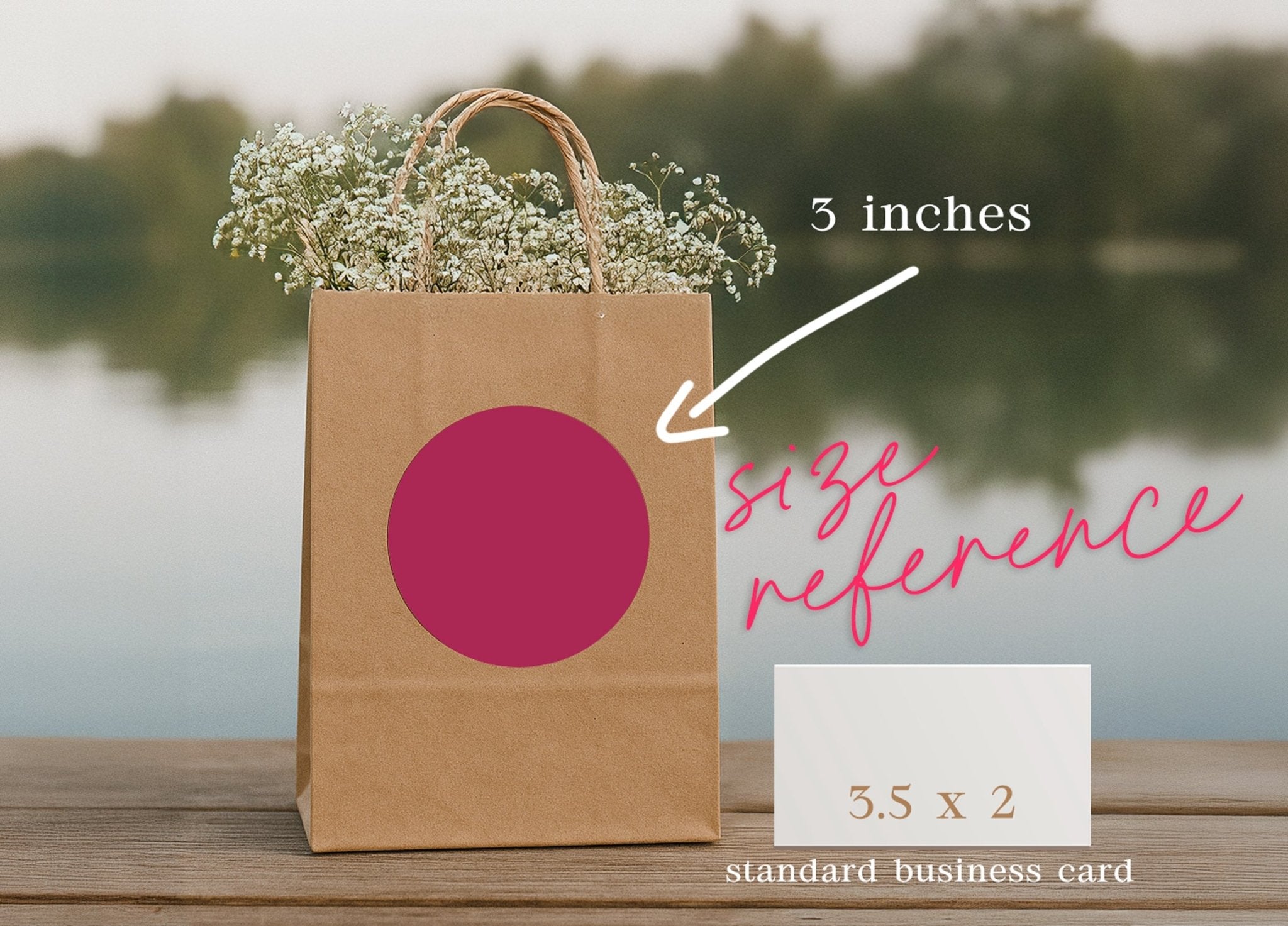 Brown paper bag with a pink circle on a wooden surface, size reference text overlay