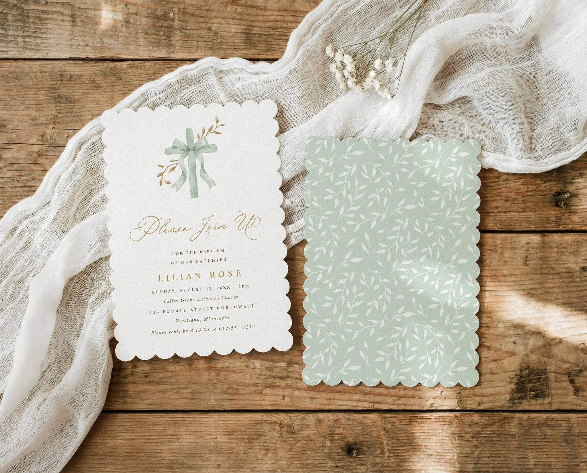 Watercolor cross baptism invitation with sage green bow and scalloped edge