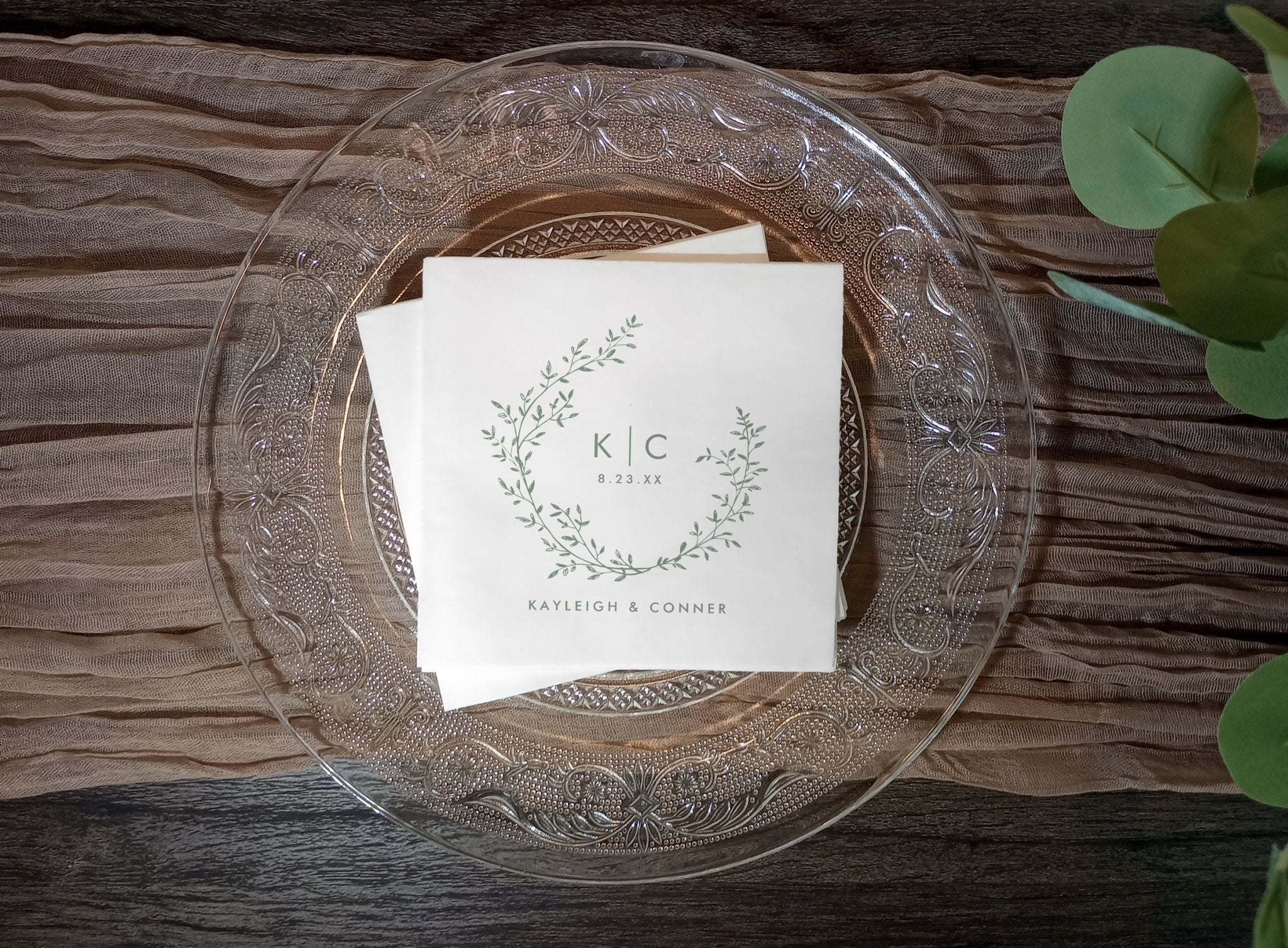 Elegant simple wedding napkins featuring classic text layout with initials or monogram.