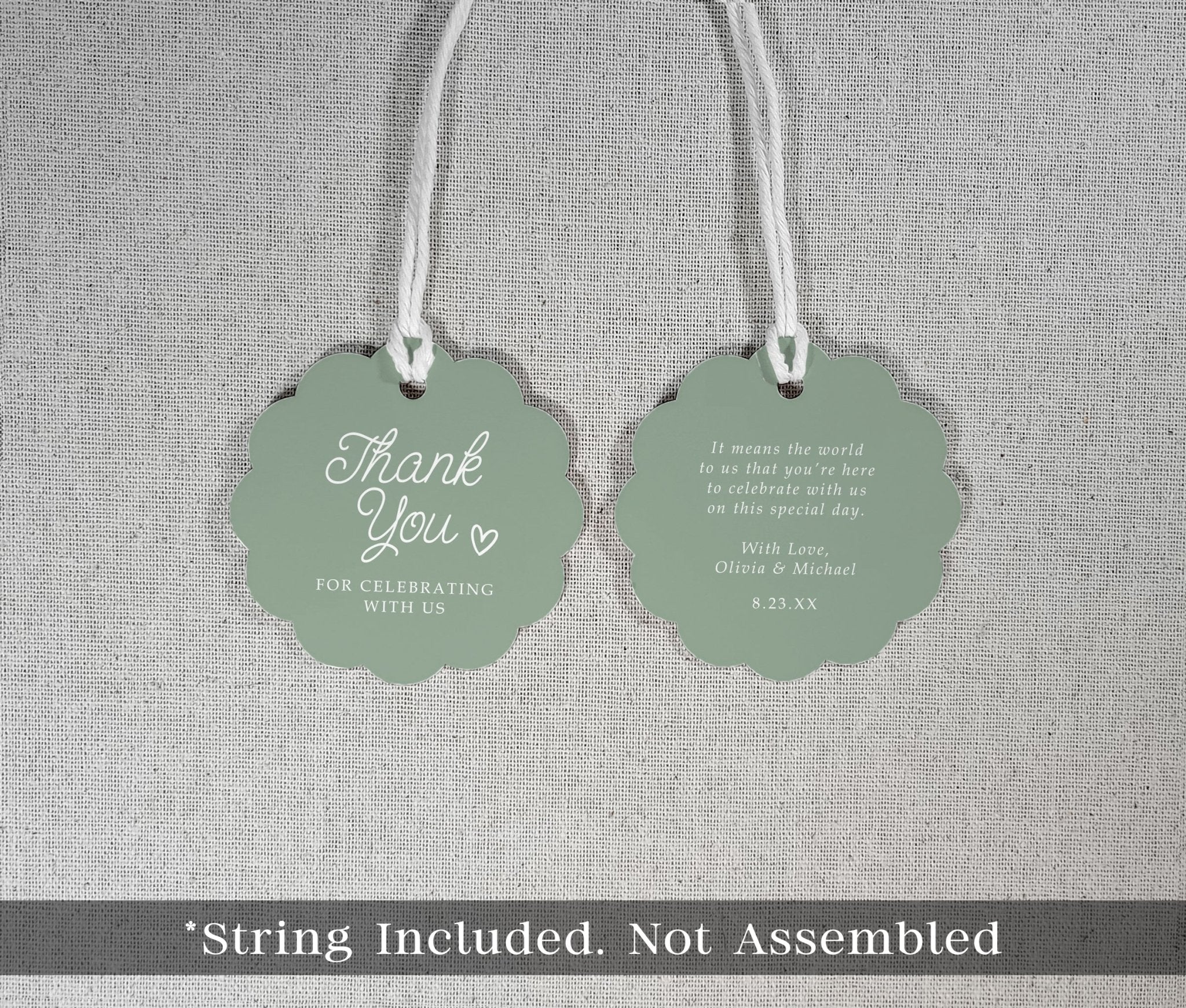 sage green favor tags with twine and personalized wedding text