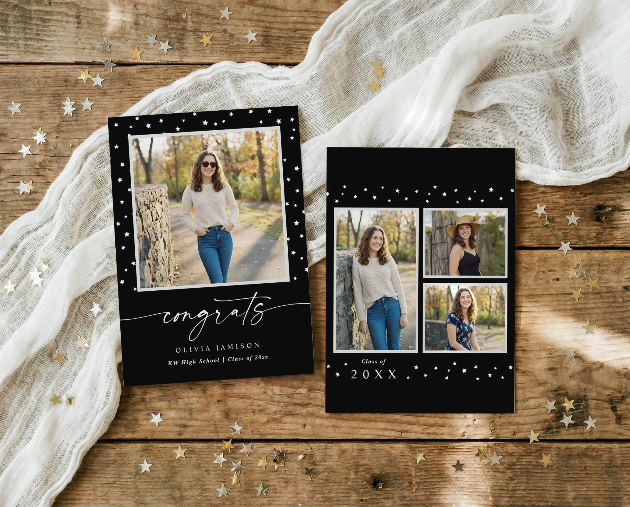Graduation photo announcement with congrats script and modern black and white style
