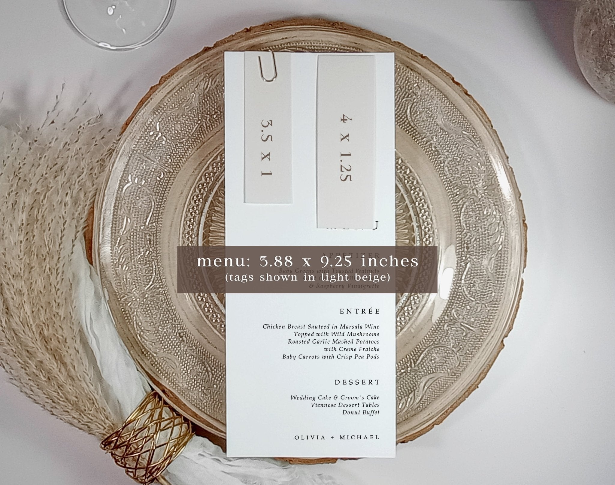Decorative glass plate with a menu card on a white surface
