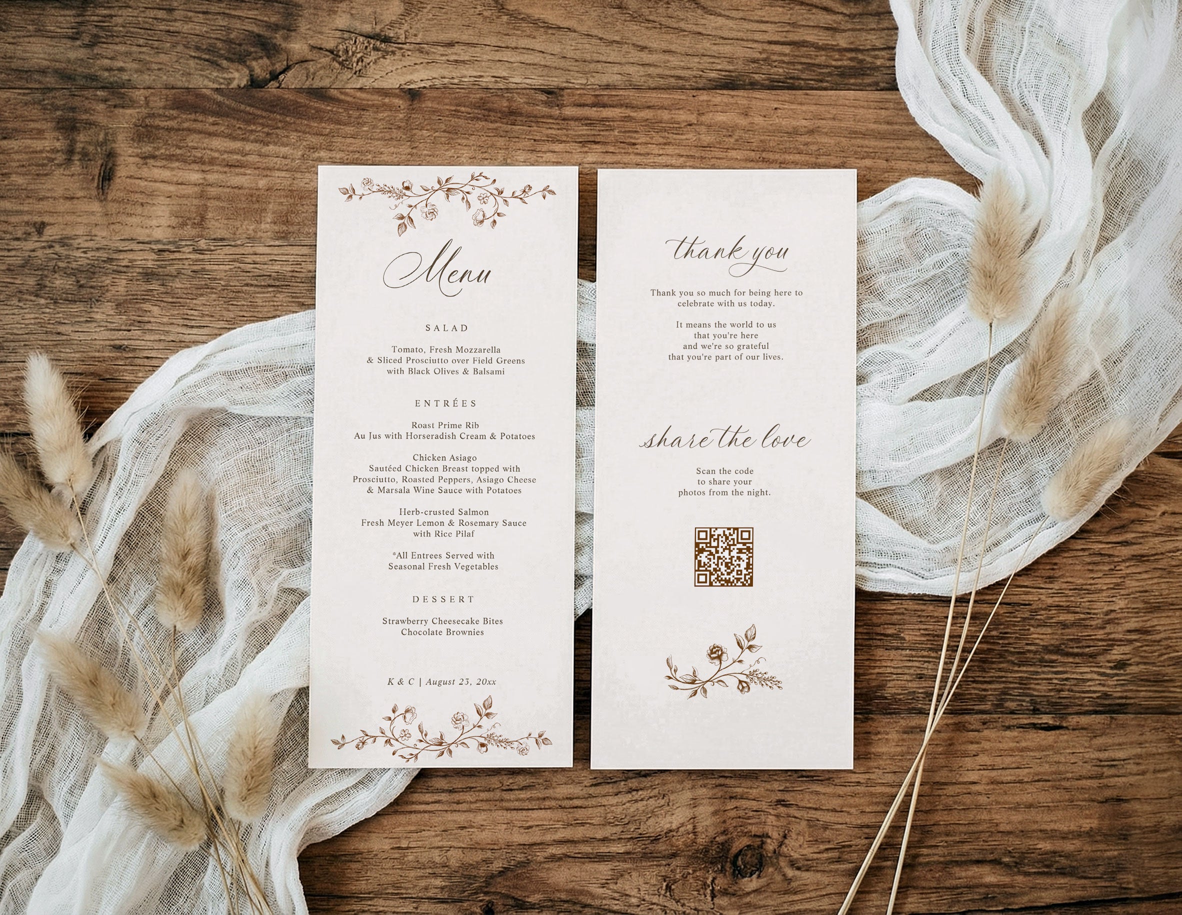 Brown and cream French floral wedding menu with thank you message and photo sharing QR code.