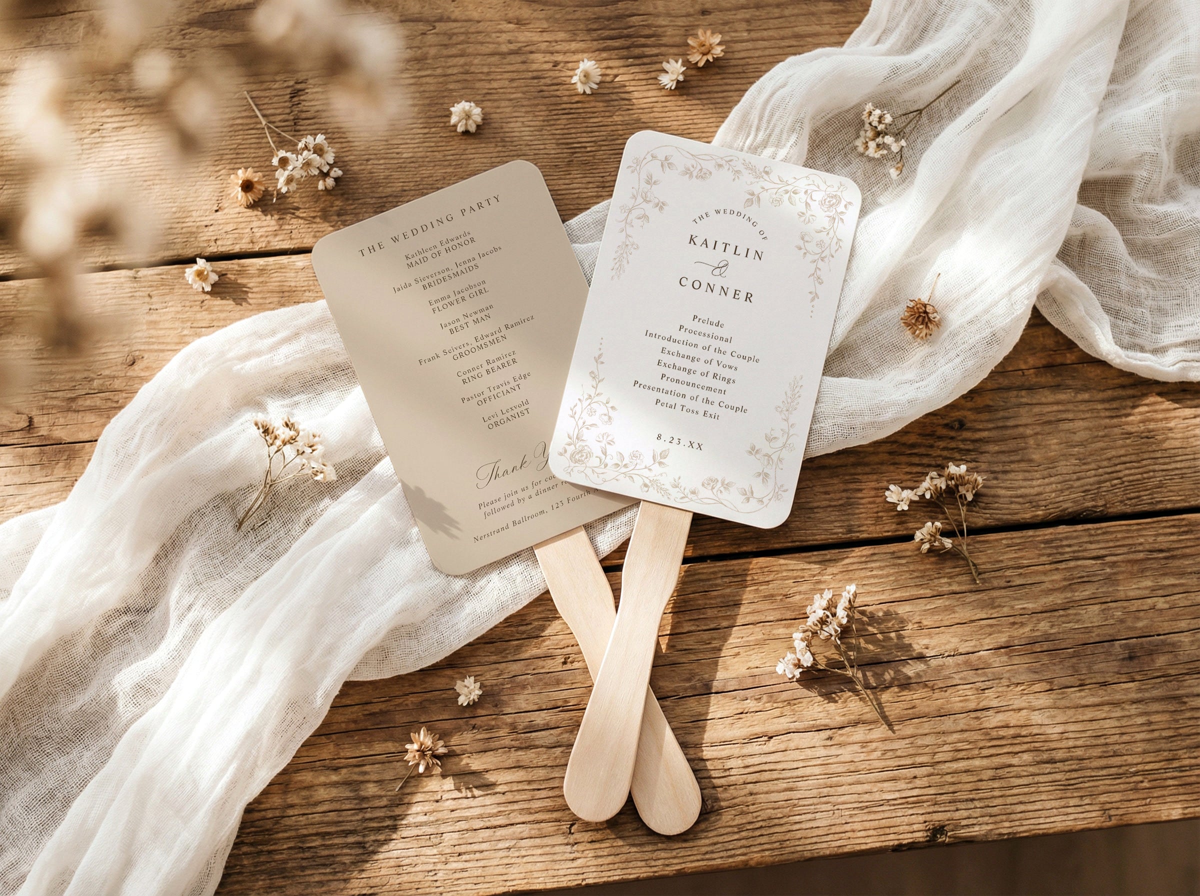 Beige French toile wedding program fan with vintage botanical floral border.