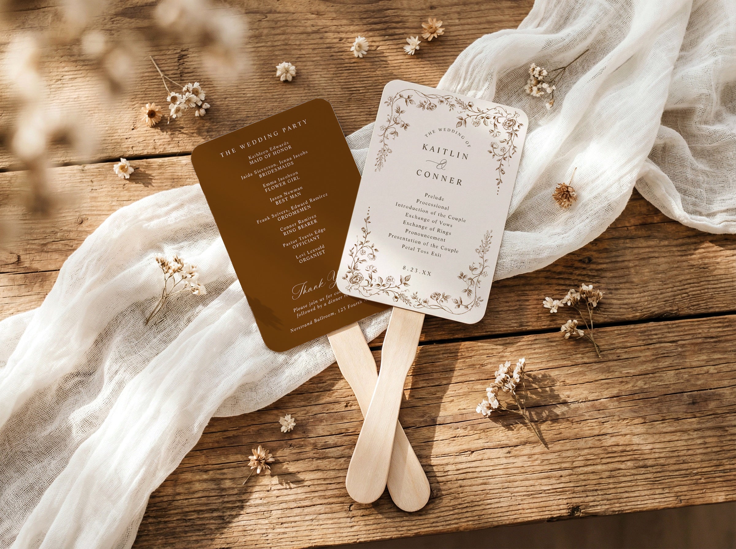 Brown and cream French toile wedding program fan with vintage botanical floral border.