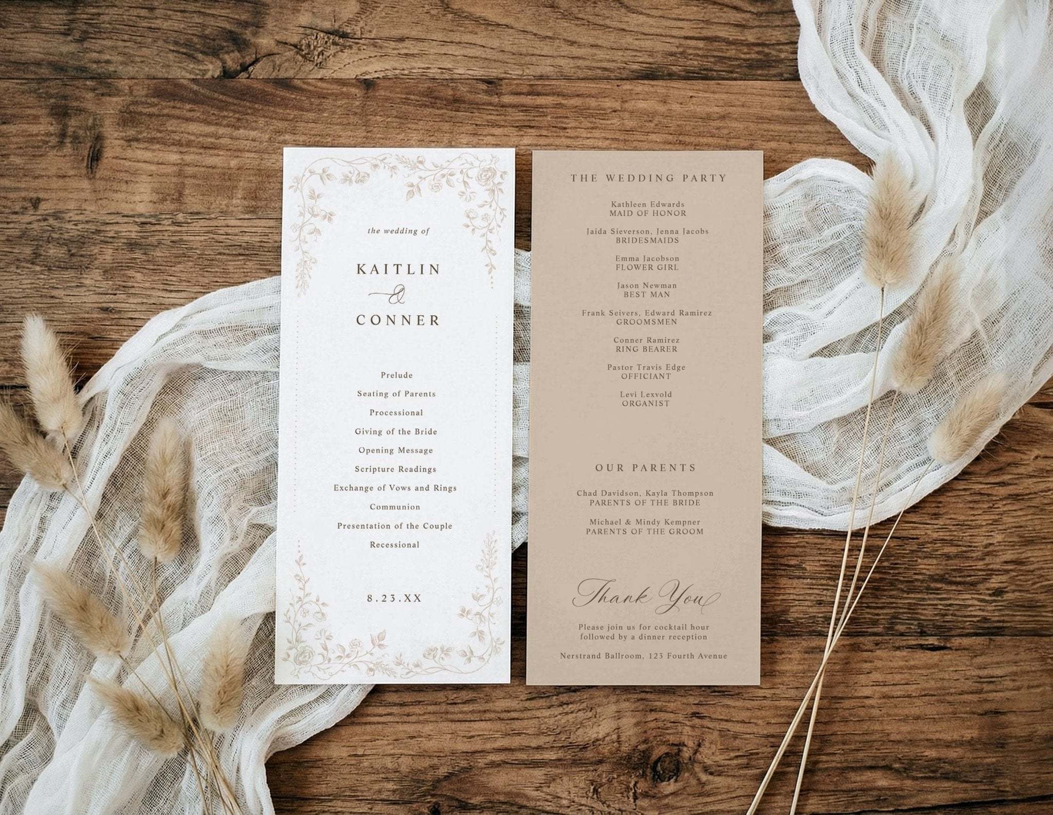 Beige vintage French floral wedding ceremony programs with elegant botanical frame.