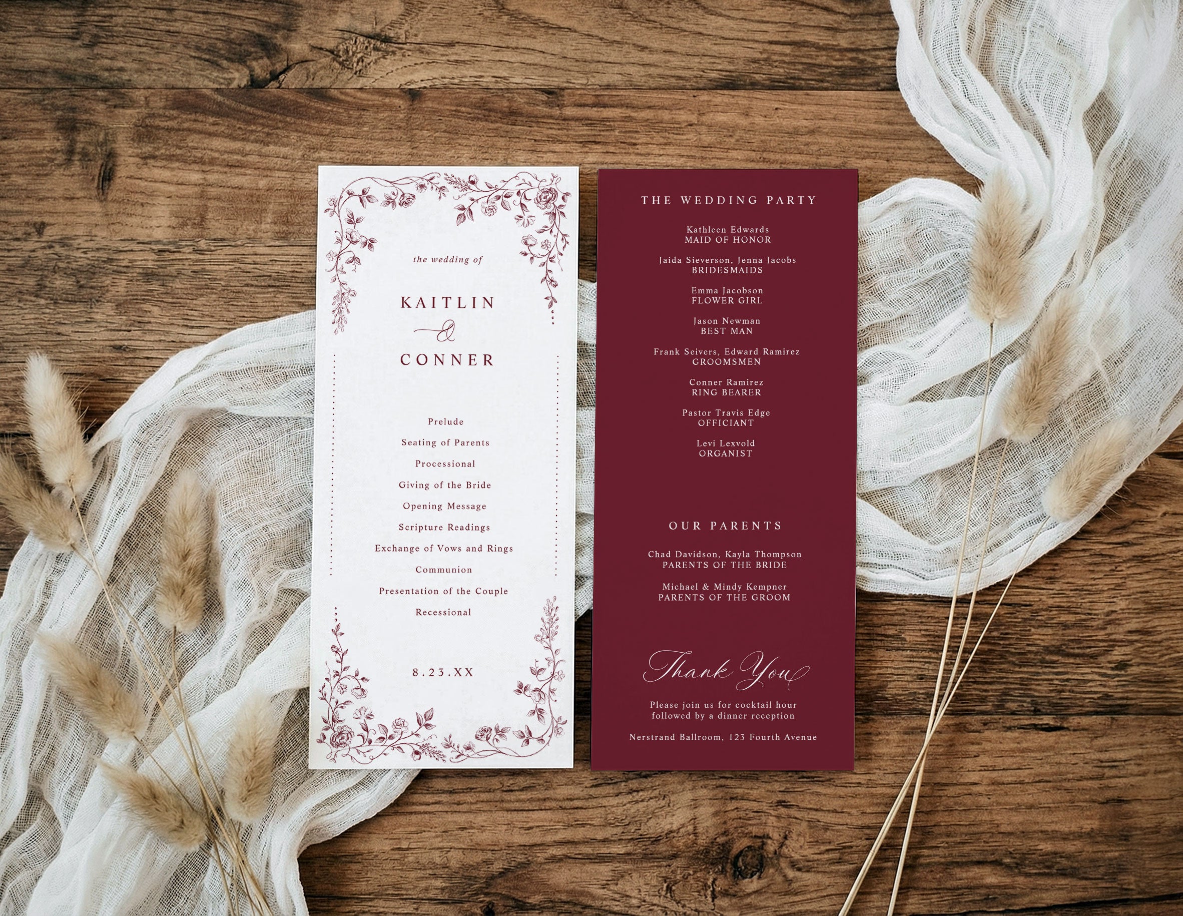 Burgundy red vintage French floral wedding ceremony programs with elegant botanical frame.