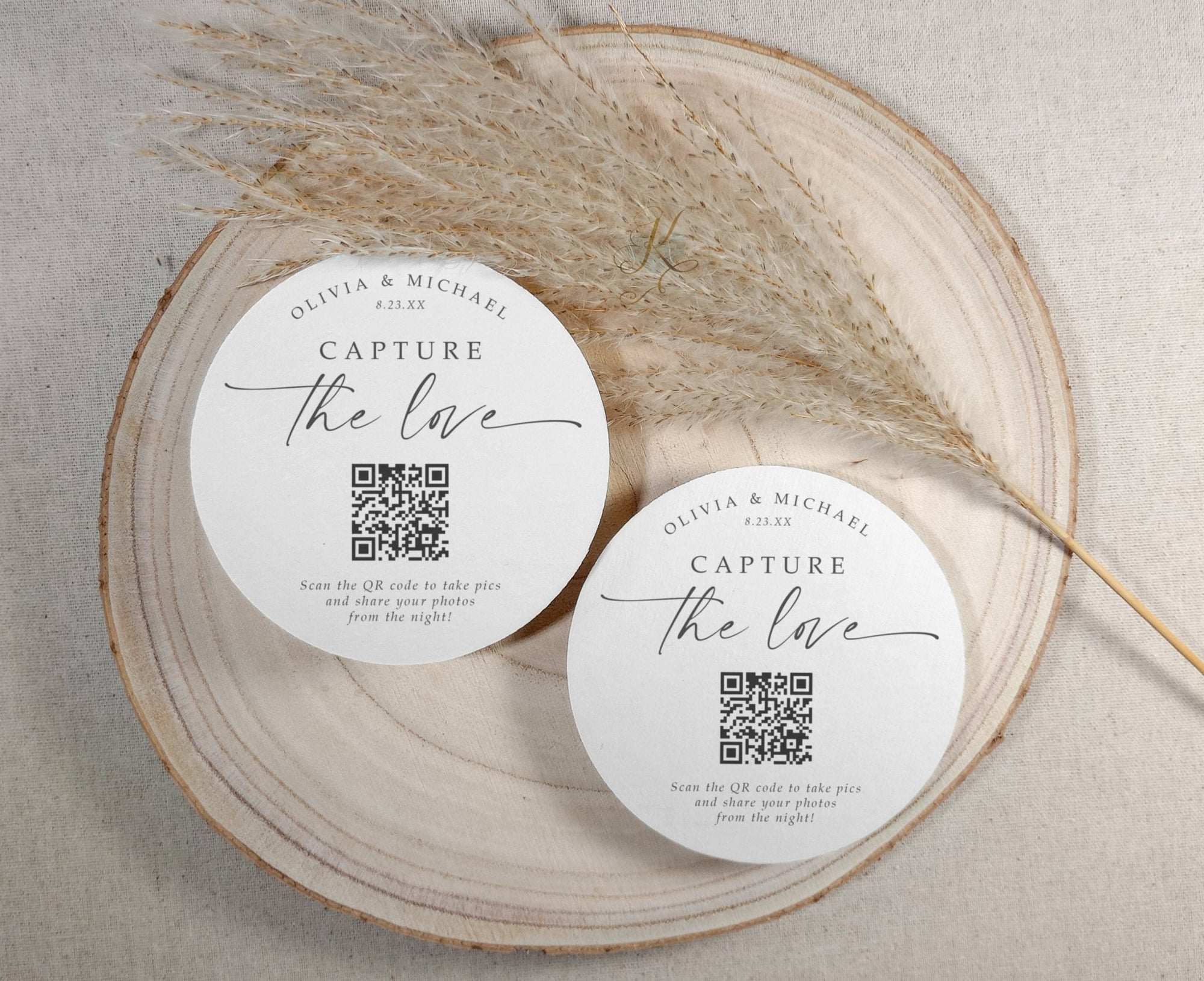 Round wedding coasters with QR code for photo sharing, personalized with names and date in elegant script.