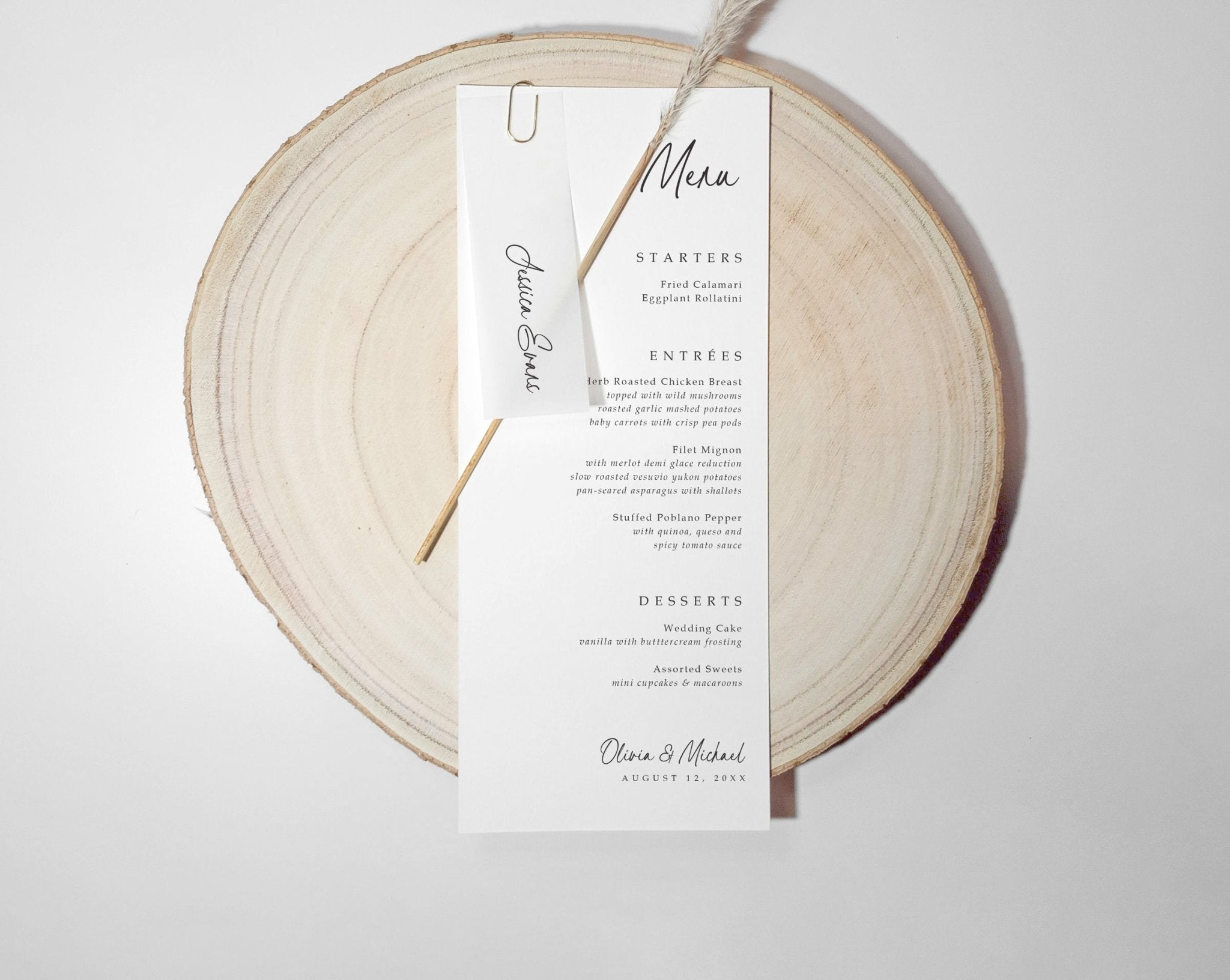 Modern printed name tags paired with wedding menus, customized with guest names and optional table numbers.