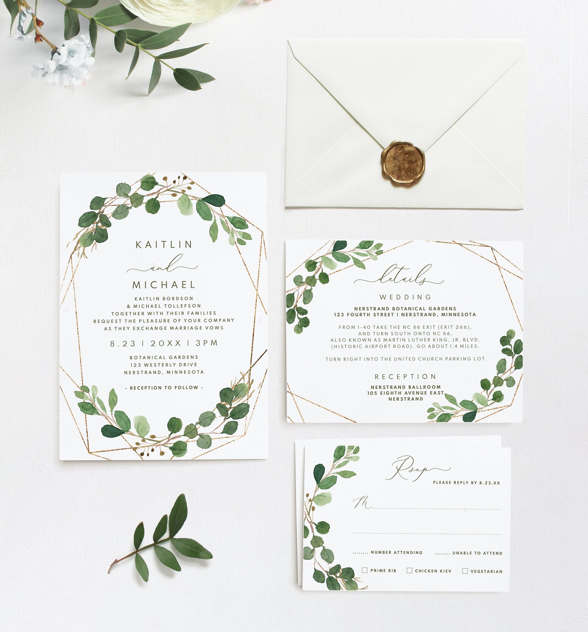 wedding invitation template suite set | 5 x 7 | geometric eucalyptus | templett