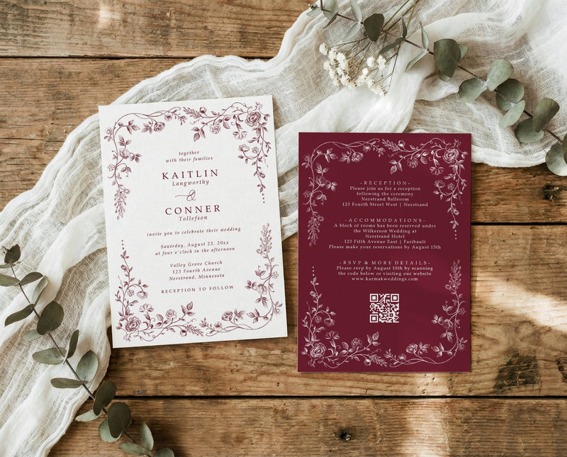 Burgundy French toile all-in-one wedding invitation with vintage botanical floral border and QR code RSVP.