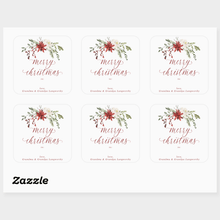 Set of six 'Merry Christmas' labels with elegant holiday floral designs on a white background