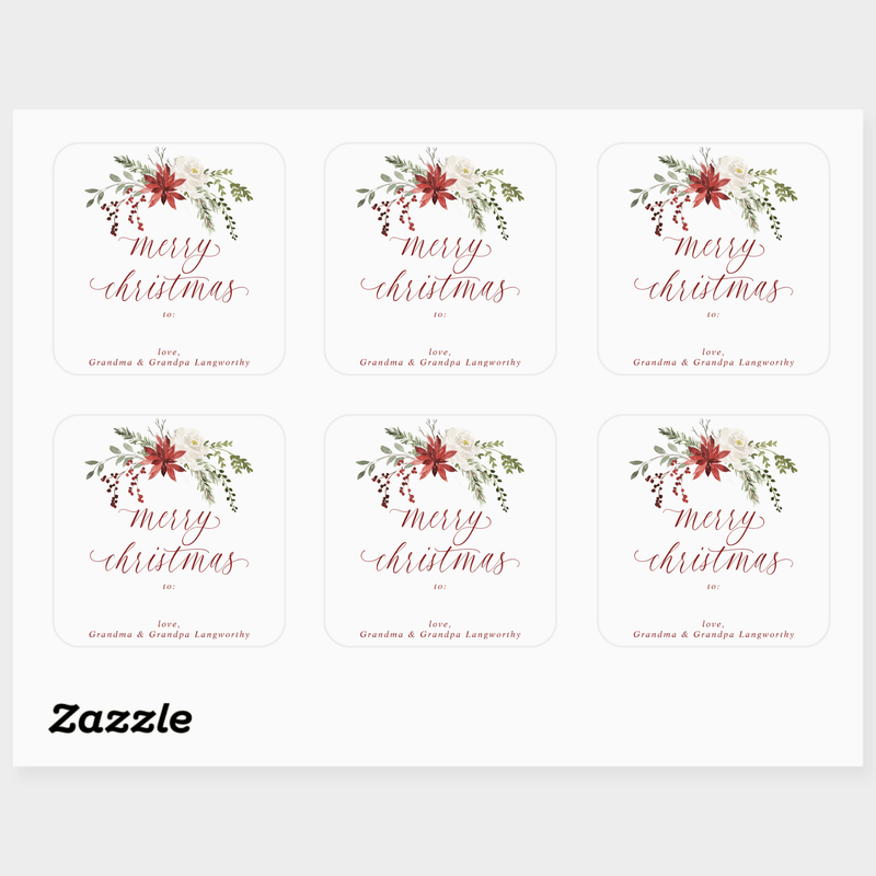 Set of six 'Merry Christmas' labels with elegant holiday floral designs on a white background