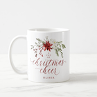 Elegant watercolor Christmas mug with red and green holly berries and botanical greenery.