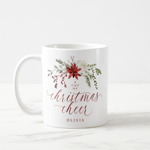 Elegant watercolor Christmas mug with red and green holly berries and botanical greenery.