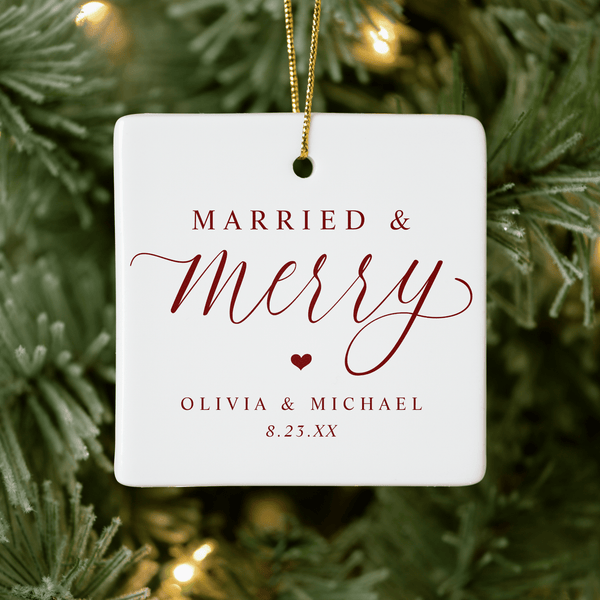 Elegant newlywed Christmas ornament with “Married and Merry” and “Just Married” text.